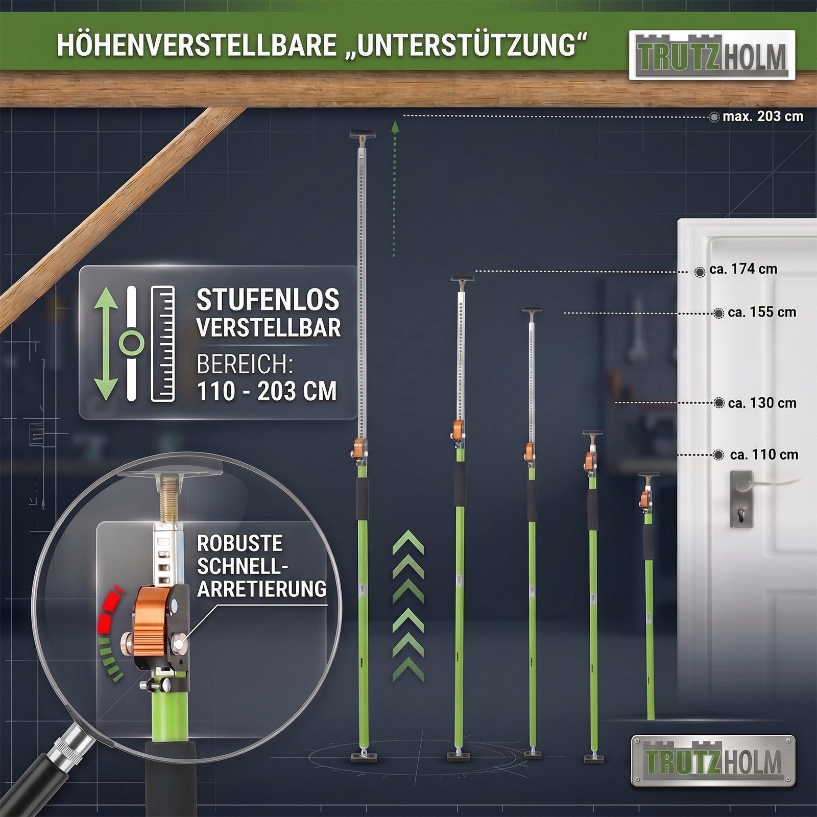 TRUTZHOLM Montageklemme 2x Einhandstütze 110–203 cm Teleskopstütze 60 kg höhenverstellbar, B: 8.5 cm, L: 203 cm, (Stück, 2-tlg., bis 203cm), materialschonend – Bild 3 von 5