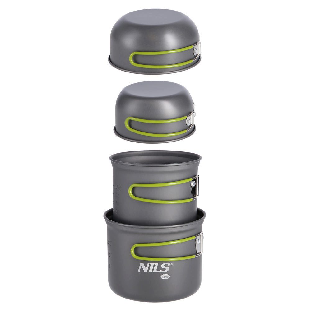 NILS CAMP Geschirr-Set Campingkochset Outdoor Kochtopfset (4-tlg), 2 Personen, Eloxiertes Aluminium, Edelstahl, faltbare isolierte Griffe, leicht, Tragetasche
