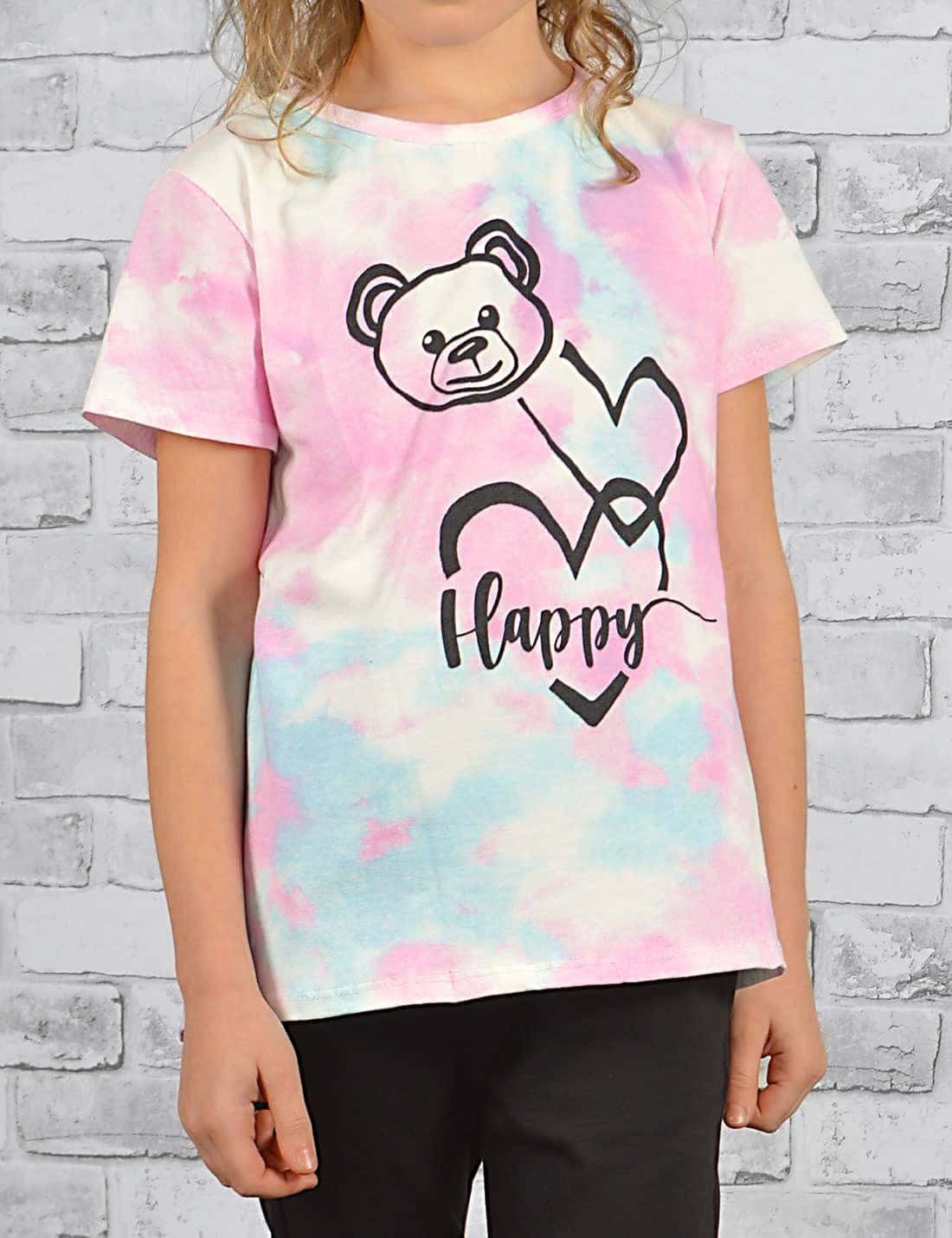Batikdruck T-Shirt KMISSO Bärchengesicht Mädchen Print (1-tlg) Rosa mit T-Shirt