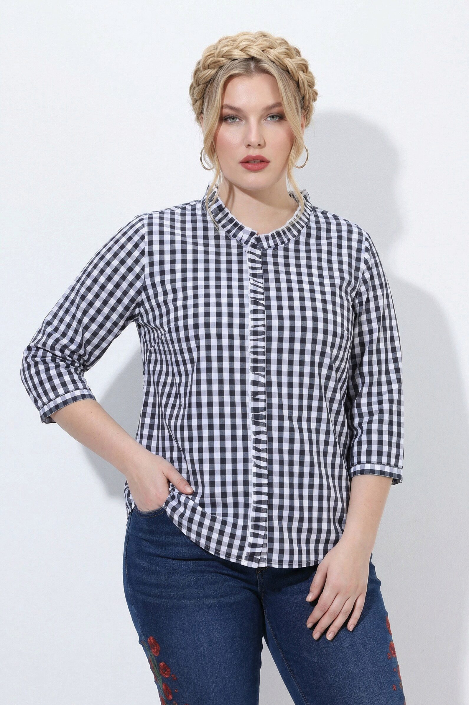 Ulla Popken Trachtenbluse Bluse Karomuster Rüschen Stehkragen 3/4-Arm