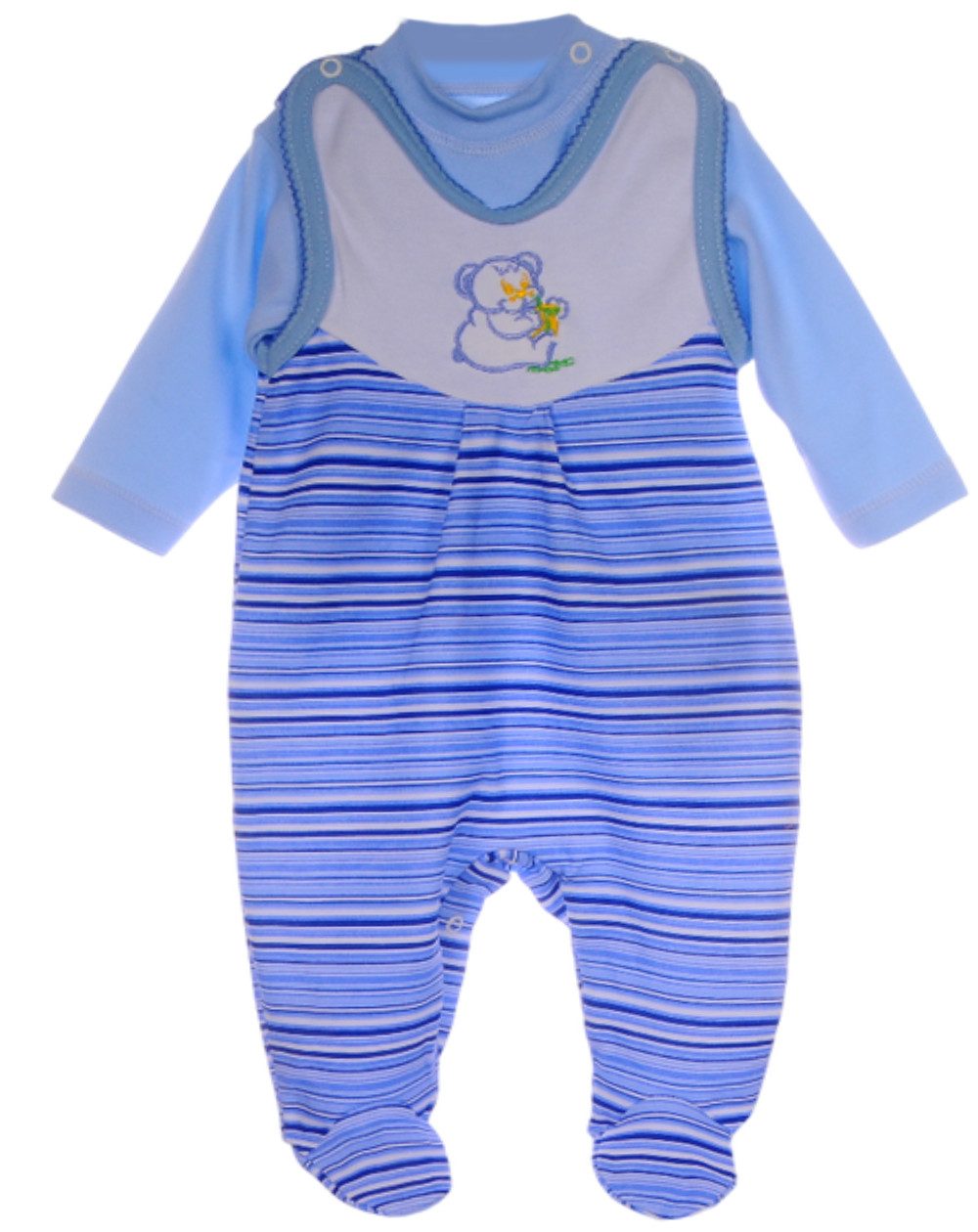Strampler Baby Strampler und Hemdchen Set in Blau gestreig mit Bärchen aus reiner Baumwolle, 56 62 68 74