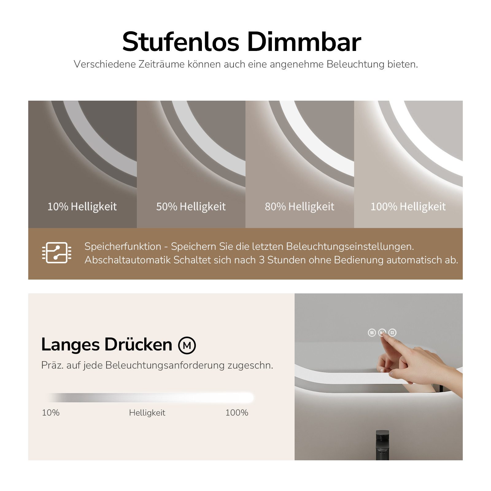 EMKE Badspiegel badspiegel mit beleuchtung oval, horizontal/vertikal mit Auto-Aus, 3 Lichtfarben, dimmbar, Antibeschlag, Touch, Memory, IP44, 70 × 60 cm