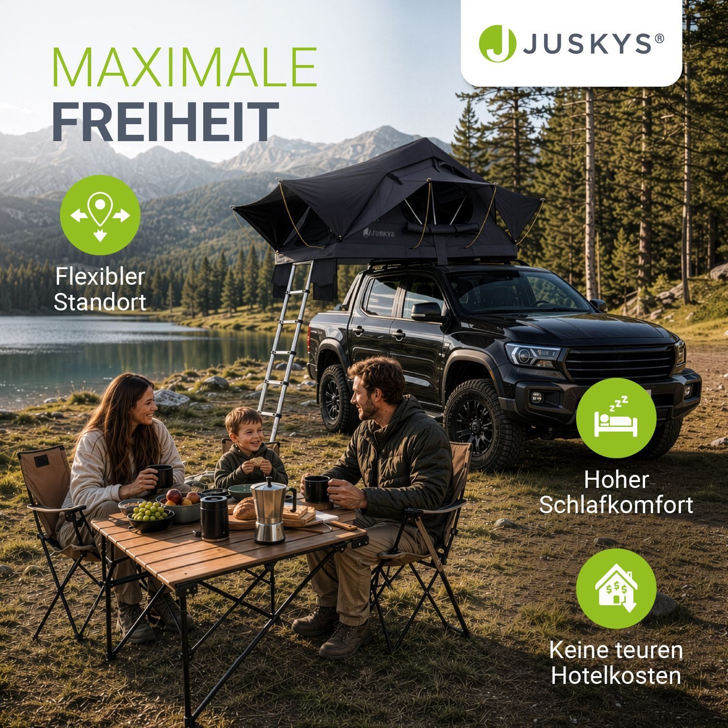 Juskys Dachzelt Lago, Wasserdicht, Teleskopleiter, 2 Personen Zelt, LED Beleuchtung