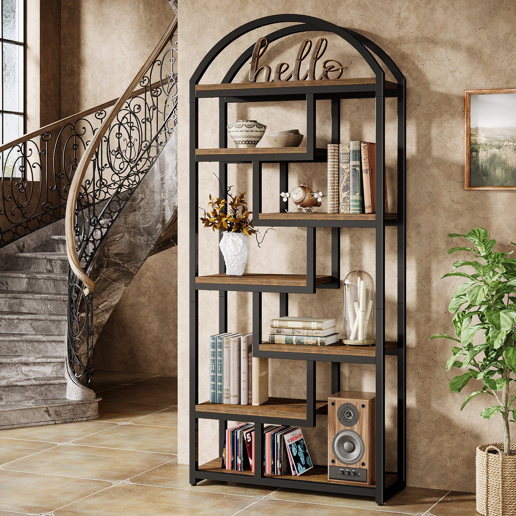 Tribesigns Bücherregal 180cm Bogendesign 7 Fachböden Industrial Regal Braun Schwarz – Bild 3 von 5