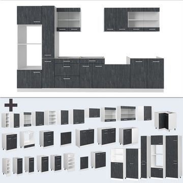 Livinity® Küchenzeile R-Line, Schwarz Beton/Weiß, 350 cm AP Marmor