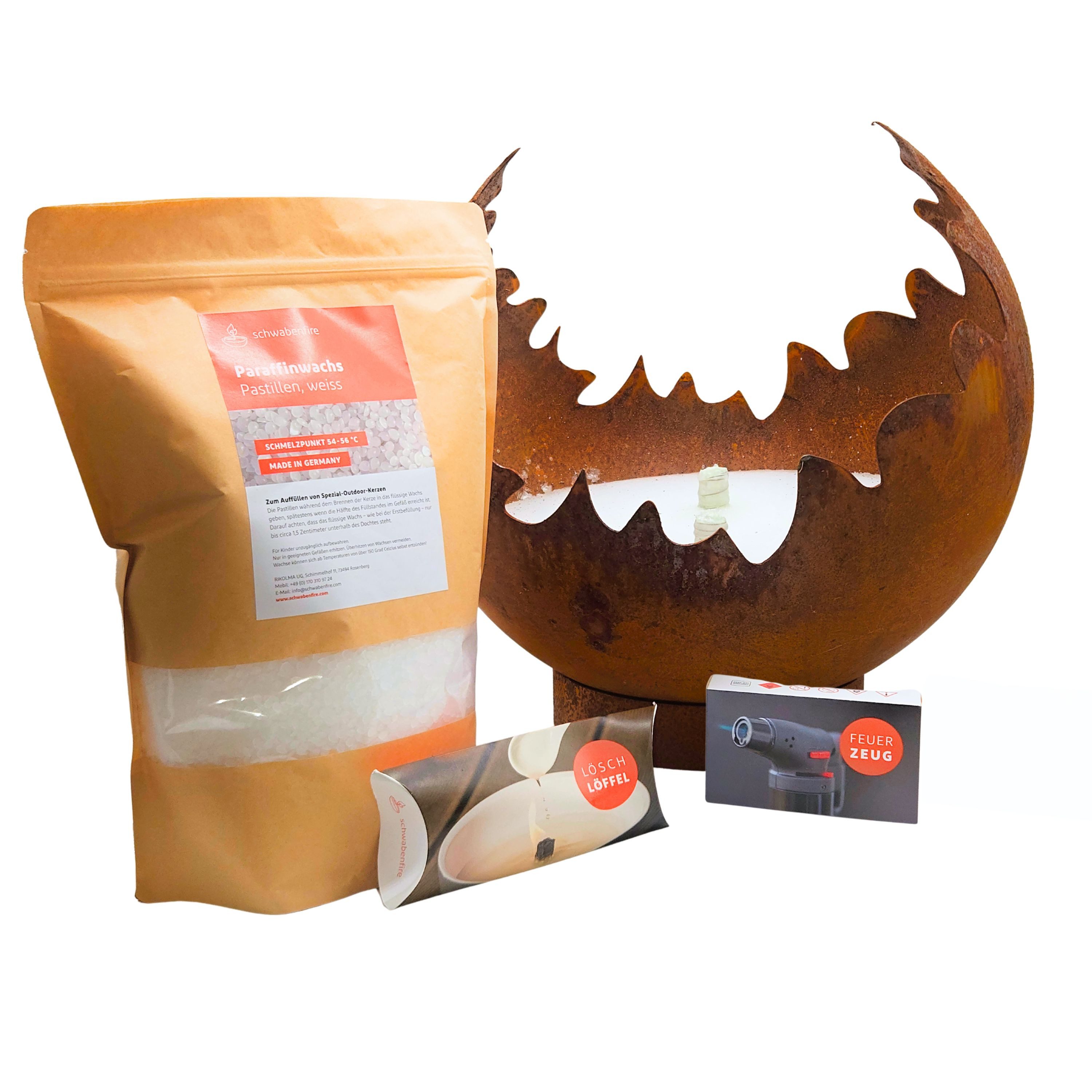 Schwabenfire Outdoorkerze Schwabenfire Outdoor Kerze Edelrost Feuerkugel 30cm im XL Sparset