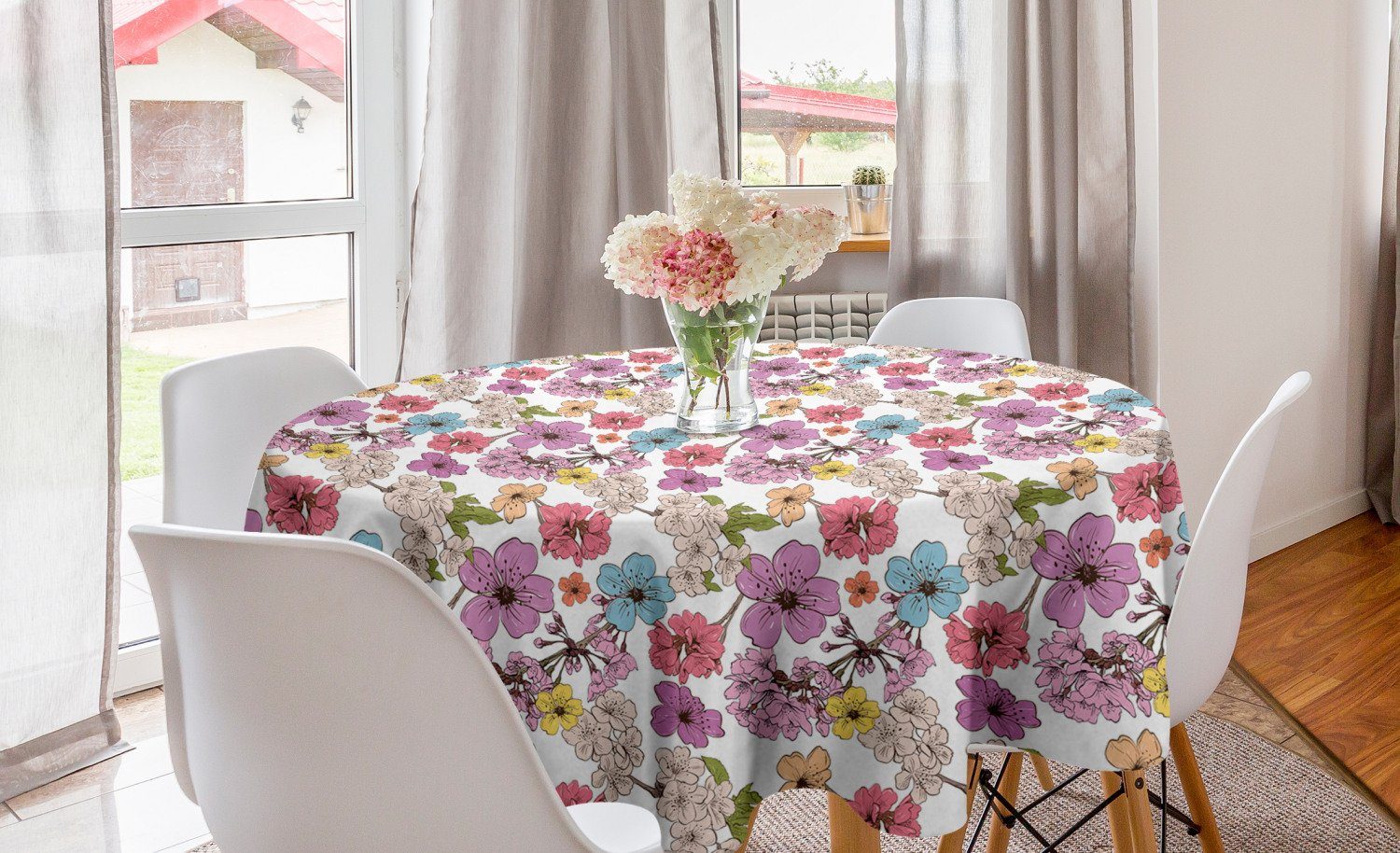 Abakuhaus Tischdecke Kreis Tischdecke Abdeckung für Esszimmer Küche Dekoration, Frühling Aufkeimende Apple-Blumen