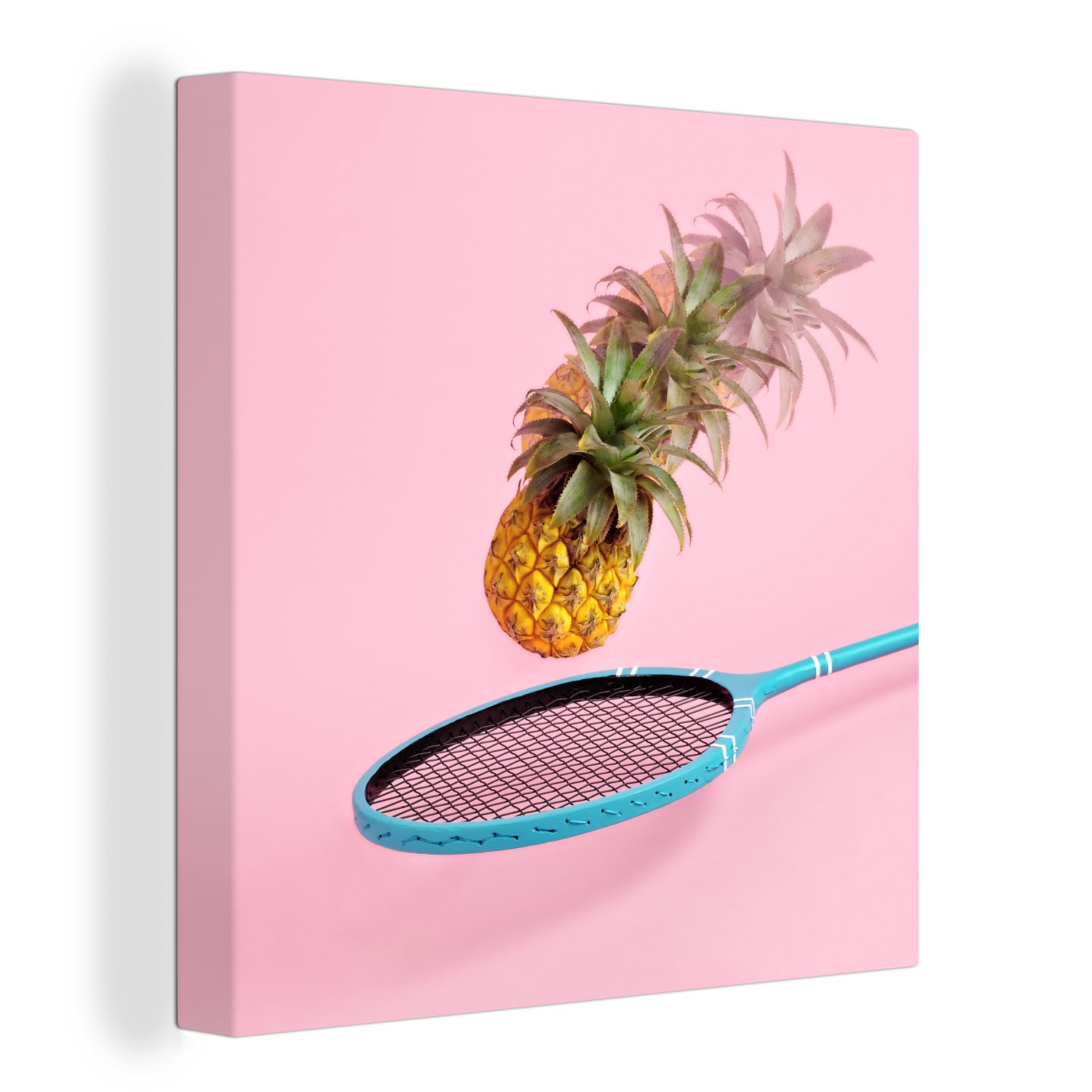 OneMillionCanvasses® Leinwandbild Ananas - Badminton - Rosa, (1 St), Leinwand Bilder für Wohnzimmer Schlafzimmer | Leinwandbilder