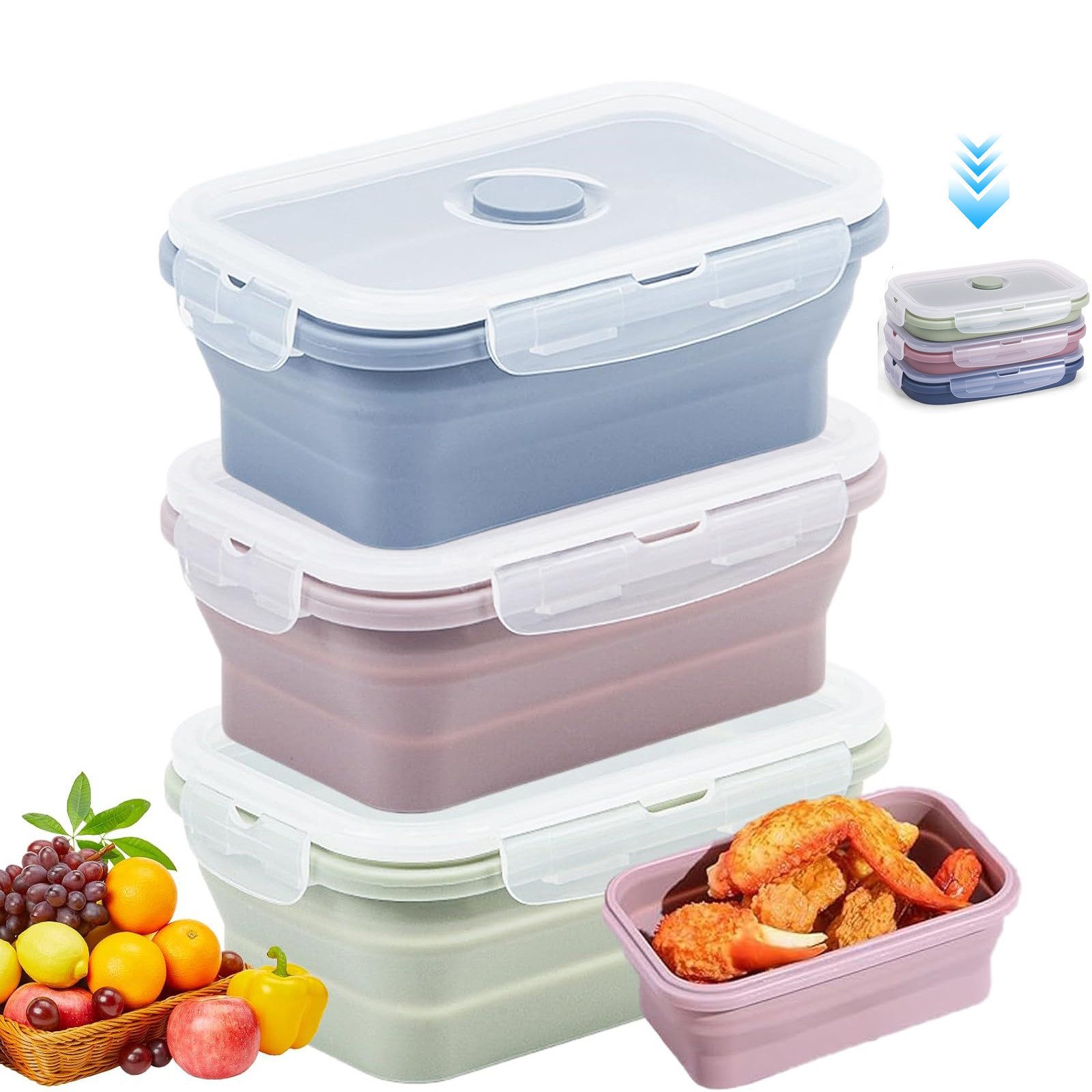 BlingBin Lunchbox Faltbare Frischhaltedosen Behälter, Silikon Brotdose mit Deckel, Silikon + pp, (3er Set, 3-tlg., 13*7.5*6.5cm), 550ml Aufbewahrungsbehälter Set für Camping Picknick Büro Küche