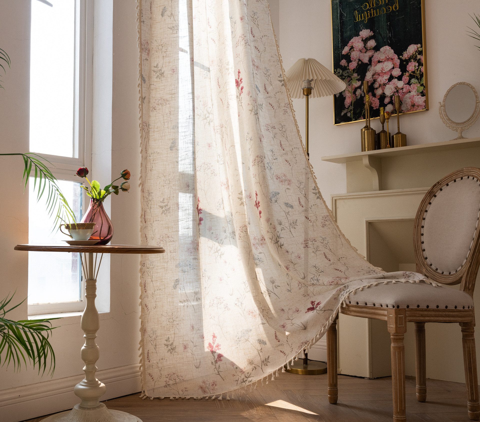 Diwzbyn Vorhang Boho-Blumen-Vorhang, halbtransparenter Vorhang im Landhausstil – Bild 4 von 5
