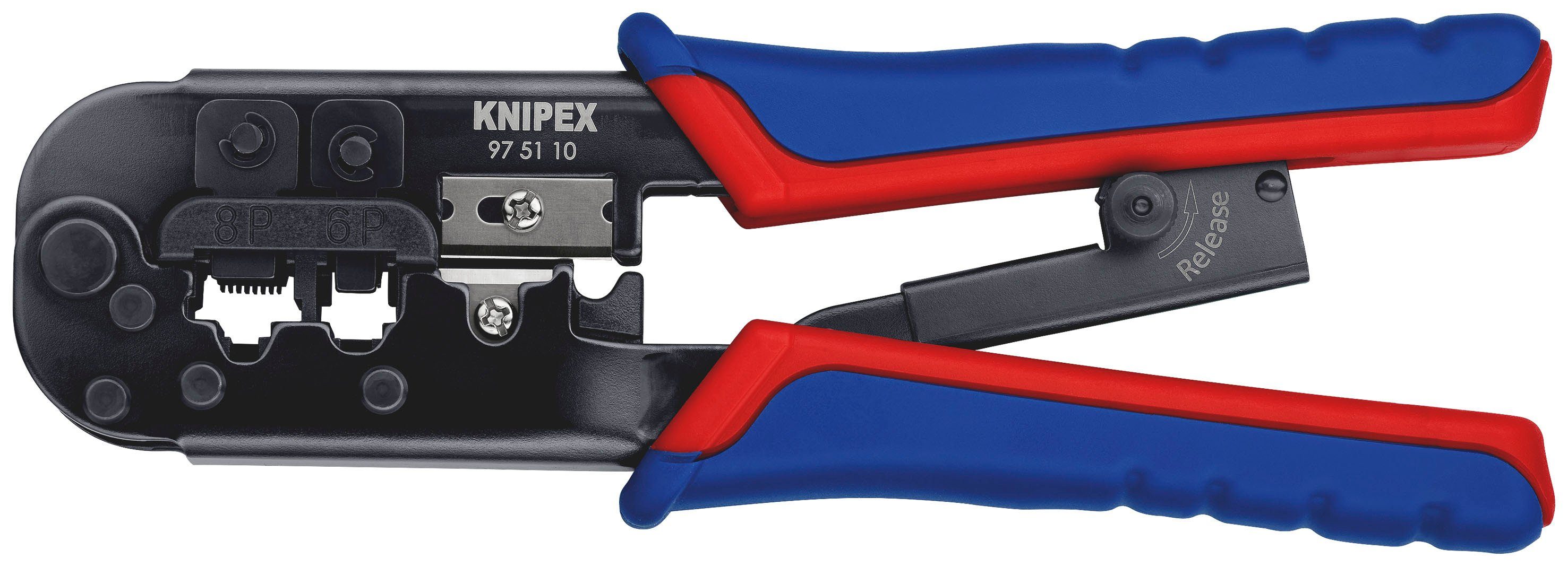 Knipex Crimpzange 97 51 10 für Westernstecker, 1-tlg., brüniert, mit Mehrkomponenten-Hüllen 190 mm