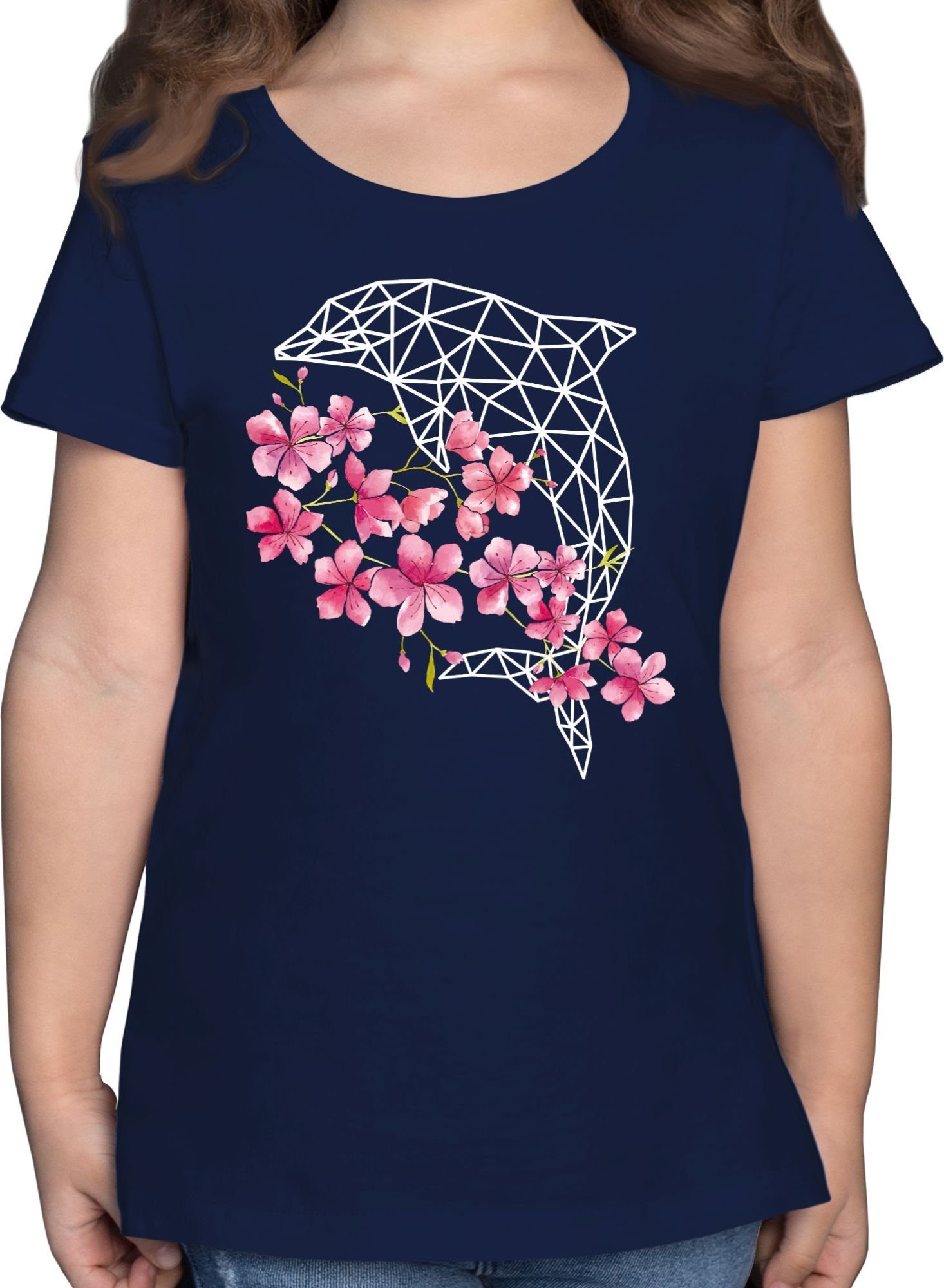 Shirtracer T-Shirt Delfin mit Blumen Tiermotiv Animal Print 1 Dunkelblau