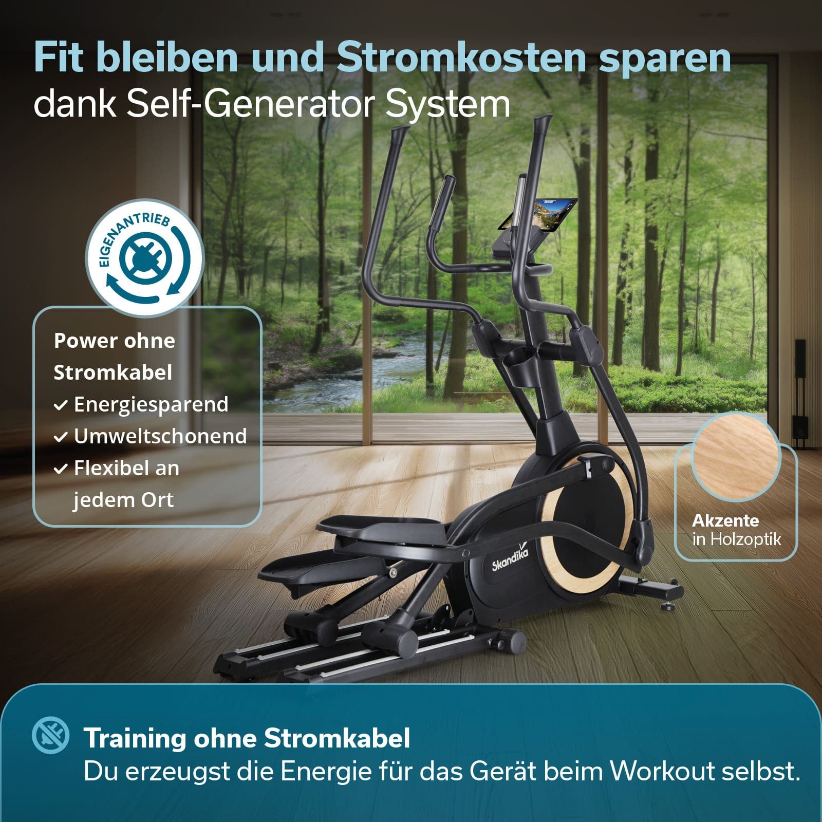 Skandika Crosstrainer Carbon P25-G, Heimtrainer mit Generator, klappbar, bis 150 kg (Magnetbremssystem, Schrittlänge 43 cm, Max. Pedalhöhe 45 cm), 23 Programme, App kompatibel, bis 135 kg, 16 Widerstandsstufen