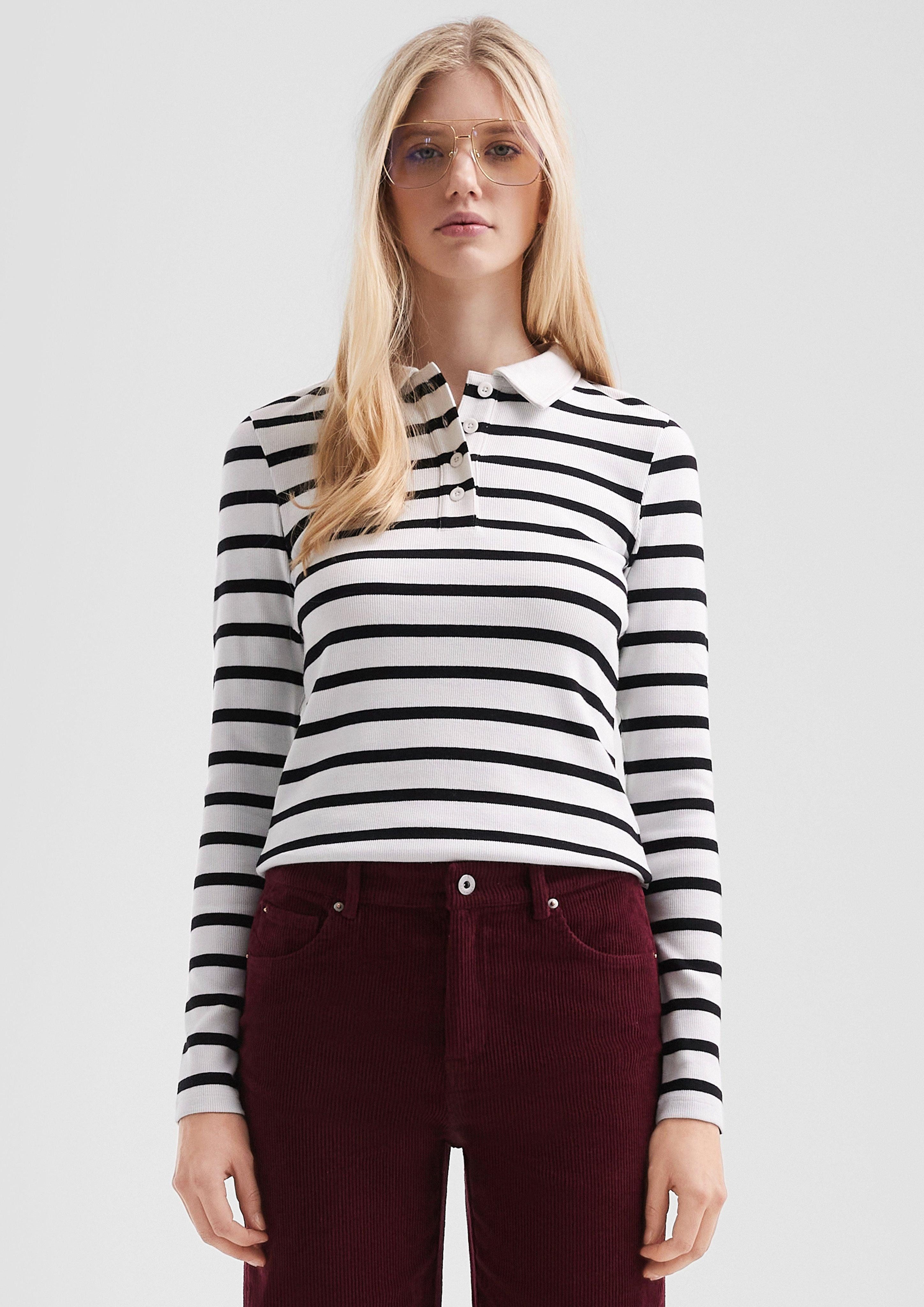 QS Langarmshirt Geripptes Poloshirt mit Streifen günstig online kaufen