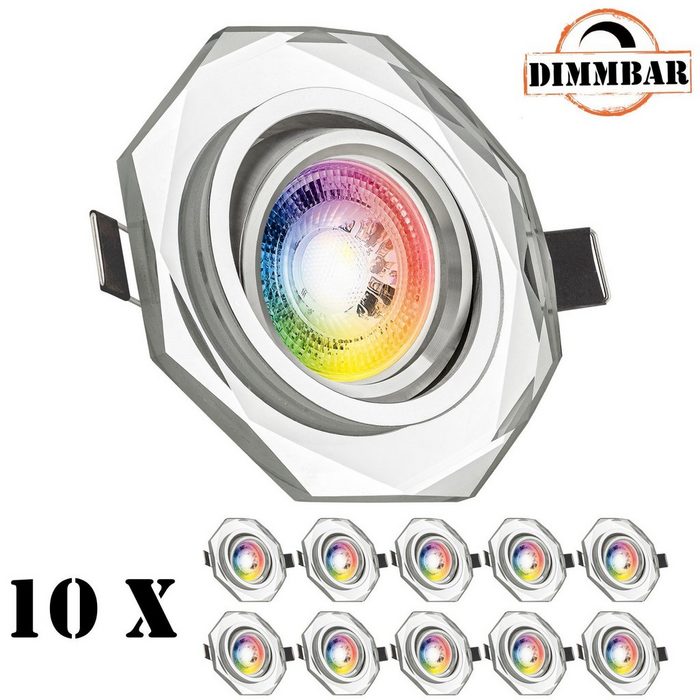 LEDANDO LED Einbaustrahler 10er RGB LED Einbaustrahler Set GU10 in Glas / Kristall mit 3W LED von LEDANDO - 11 Farben + Warmweiß - inkl. Fernbedienung - dimmbar - eckig