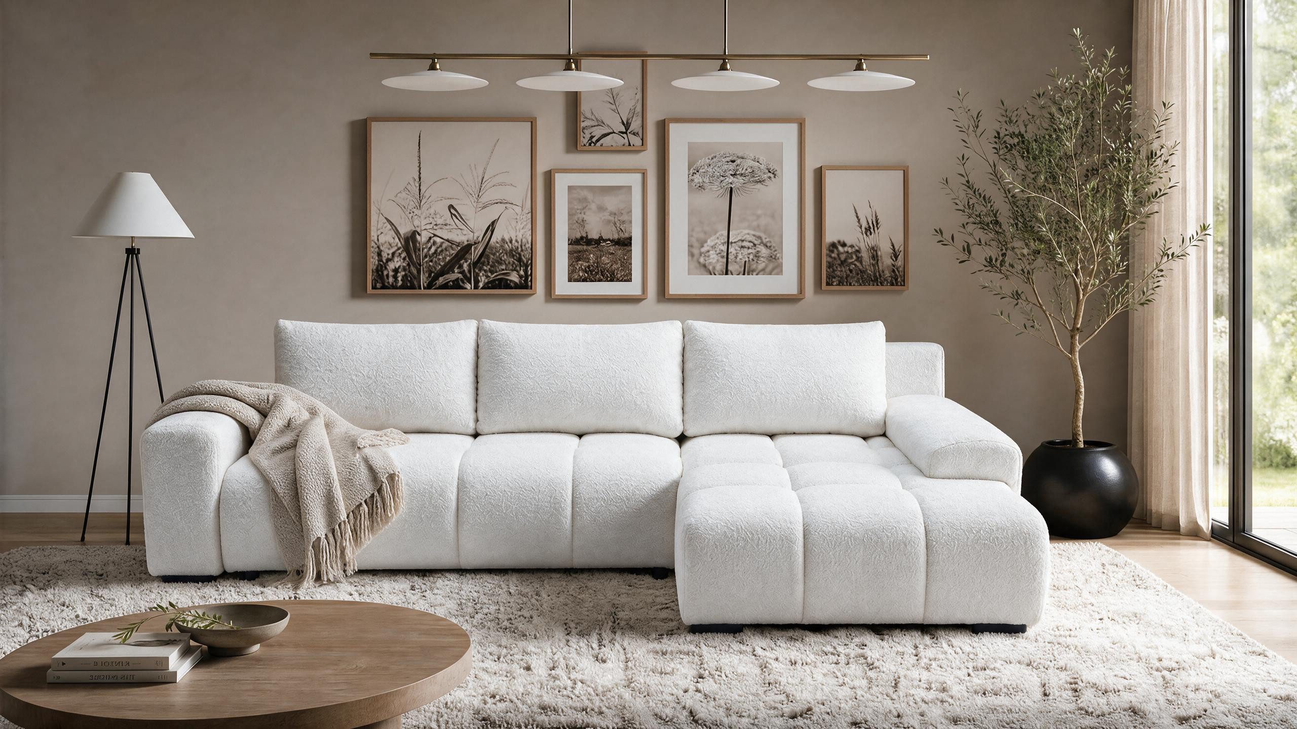 storez24 Ecksofa Ovia, mit Bettkasten und Schlaffunktion, Bouclé-Stoff, L-Form, bequem