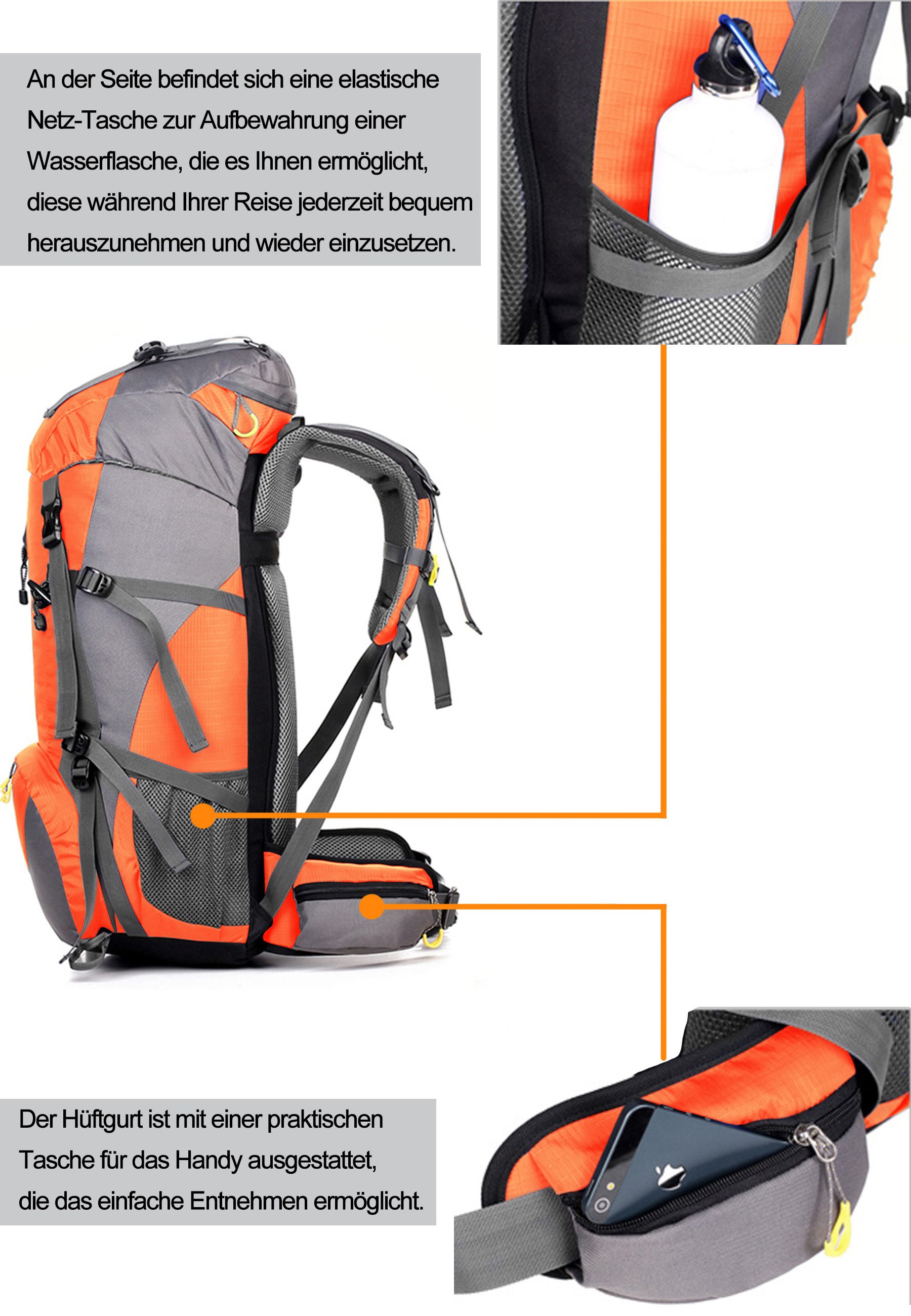 RAIKOU Wanderrucksack 50L Trekkingrucksack Wasserdicht, Reisetasche Ultralight (Regenhülle, Hüftgurt mit praktischen Taschen), Atmungsaktives Tragesystem