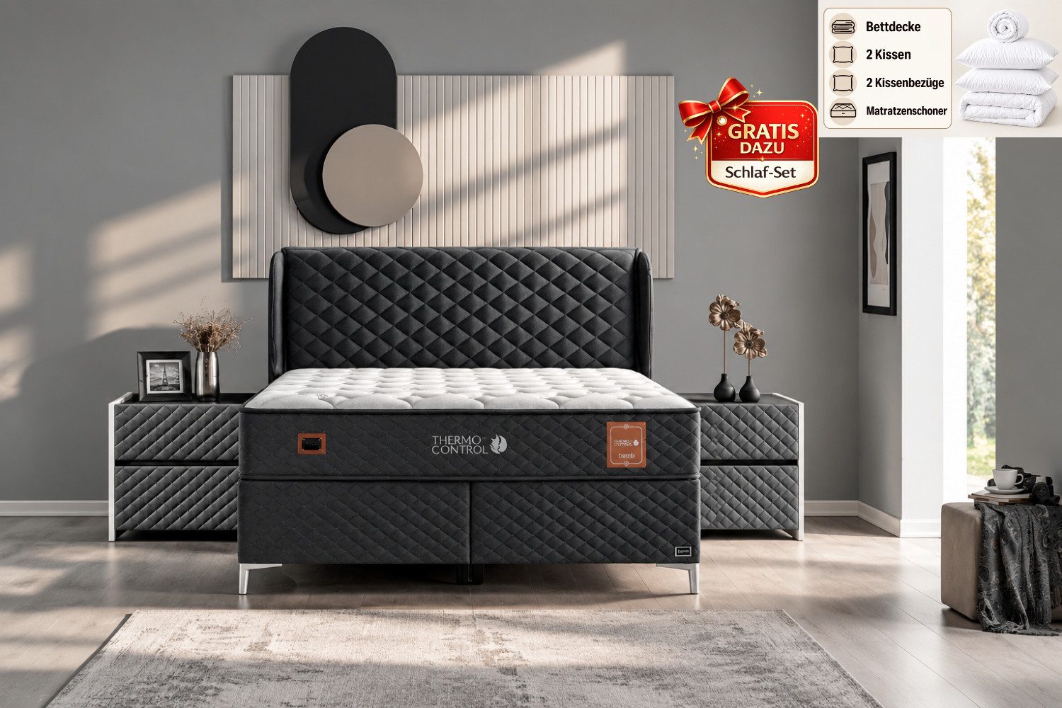 BAMBI YATAK Boxspringbett mit Bettkasten, Bambi Thermo Control, Bett mit Matratze & Stauraum H3 (140x200 cm, Boxbett), Taschenfederkern, Matratzenhöhe: 29 cm, Optionale Nachttisch