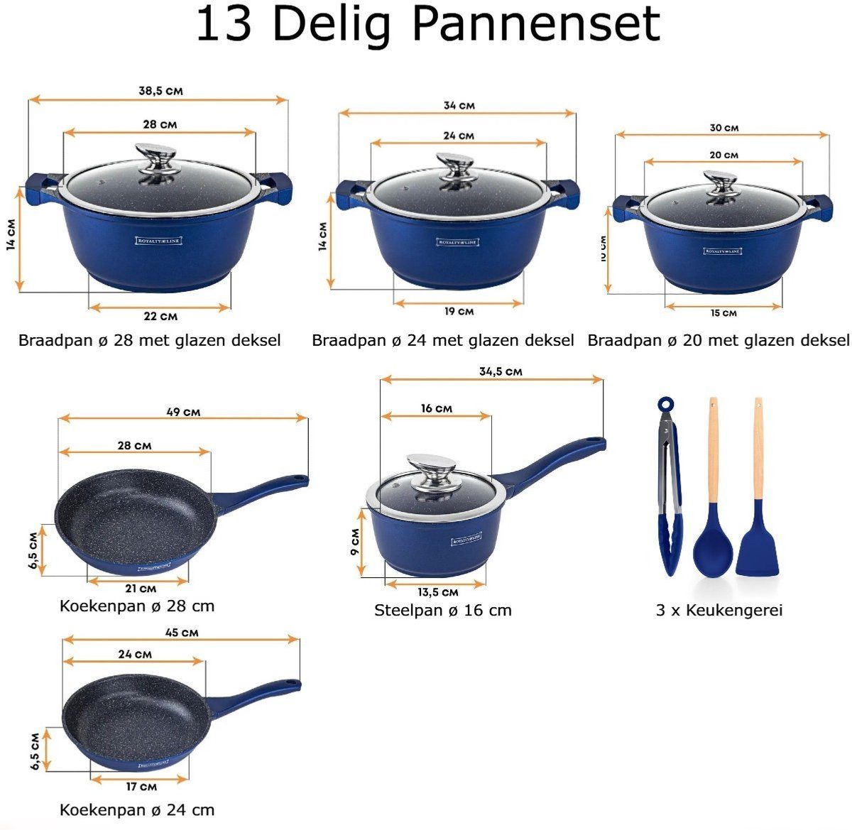 Royalty Line Topf-Set Kochtopf Kasserolle Bratpfannen Set 13-tlg Royalty Line RL-BS1010CBE, Material: Aluminium, Glas (Set aus 4 Töpfen mit Glasdeckeln, 2 Bratpfannen und 3 Küchenhelfern)