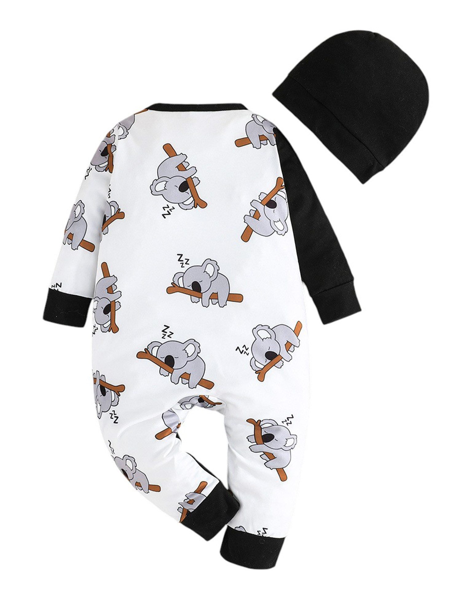 Gluckids Strampler Baby Strampler mit Tierdruck Neugeborene Bodysuit + Mütze Outfits (2-tlg) Babykleidung Casual Einteiler Romper Frühling & Herbst Baby-Sets