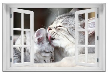 Wallario Wandfolie, Süße kleine getigerte Katzenbabys, mit Fenster-Illusion, wasserresistent, geeignet für Bad und Dusche