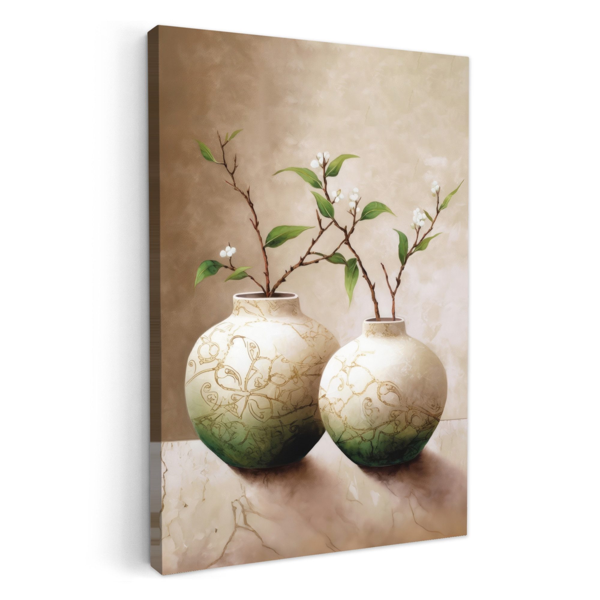OneMillionCanvasses® Leinwandbild Blumen - Vase - Weiß - Botanisch - Beige, Fotodruck (1 St), Badezimmer Deko, Изображения WC, Toilette Wanddeko 20x30 cm