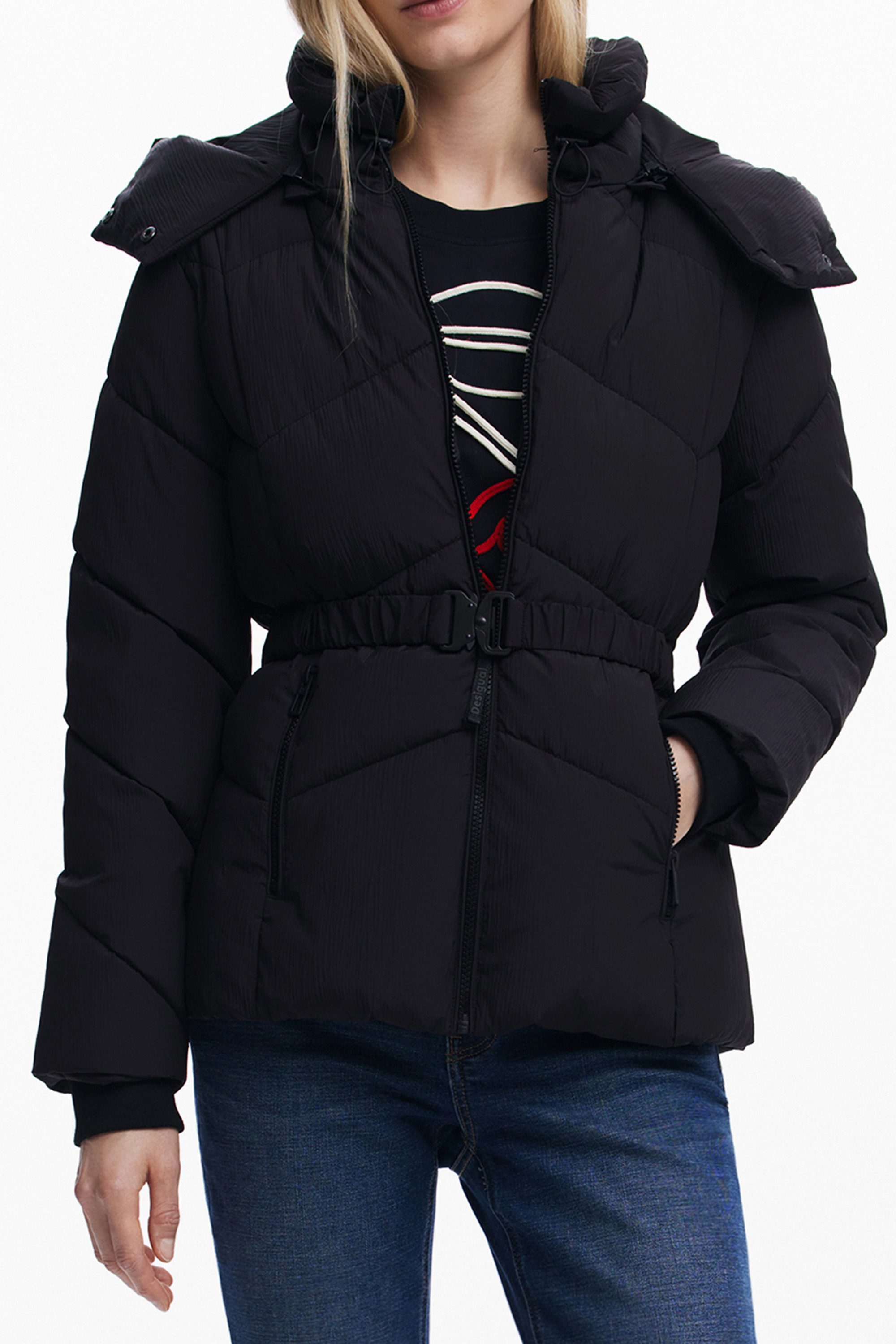 Desigual Outdoorjacke Damenjacke Schwarz mit Kapuze & Taillengürtel, Stylisch & Praktisch