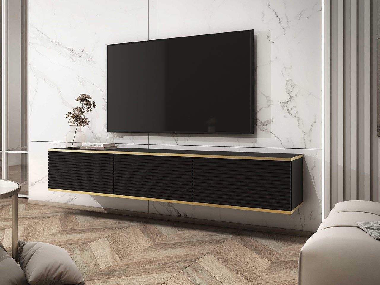Beliebt und ausverkauft Mirjan24 TV-Schrank Oro II (3-Klappe) Griffloses Schwarz open, Öffnungssystem / Gold + push to Schwarz 175x32x30 cm