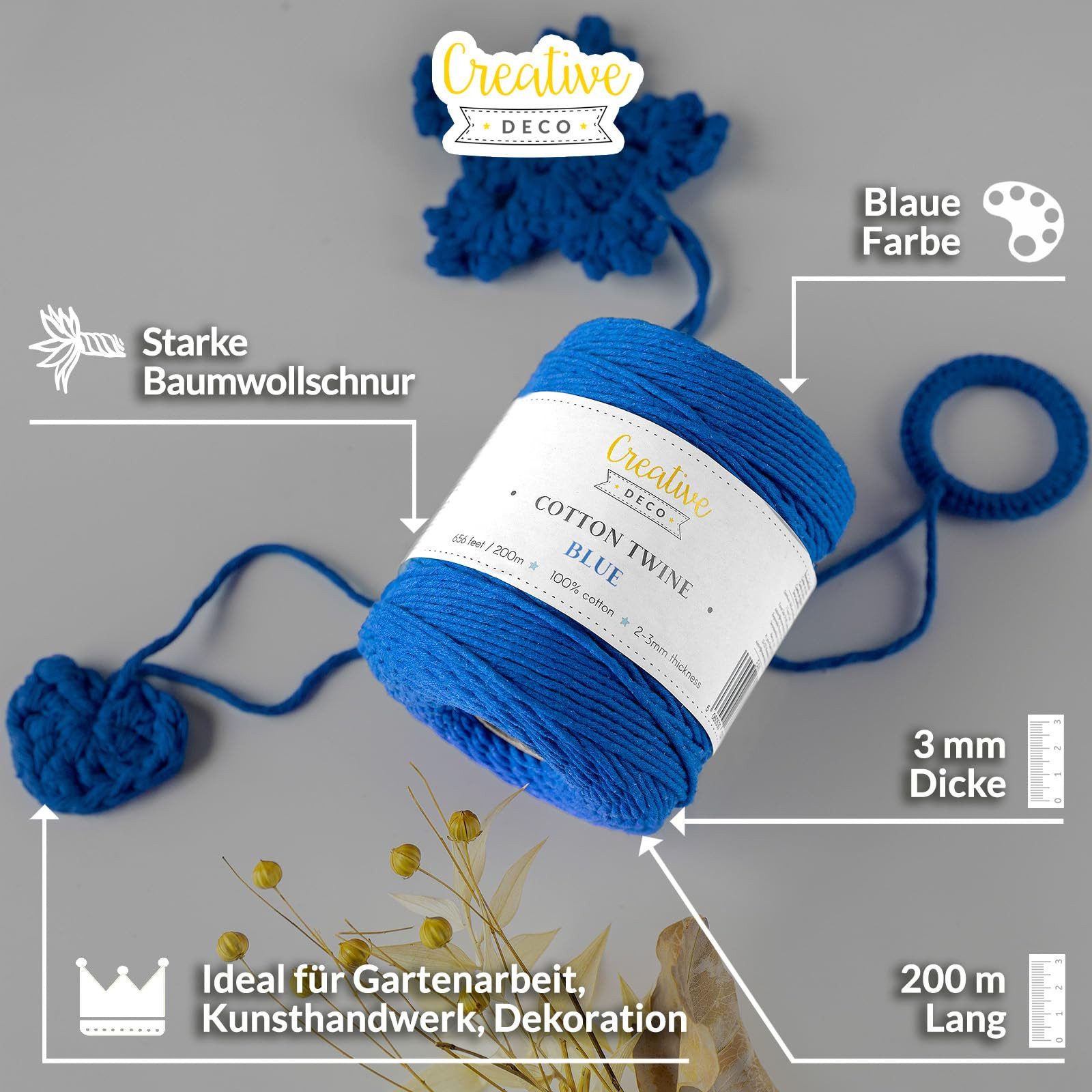 Creative Deco Makramee Garn 3 mm 200m Baumwollkordel Bastelgarn