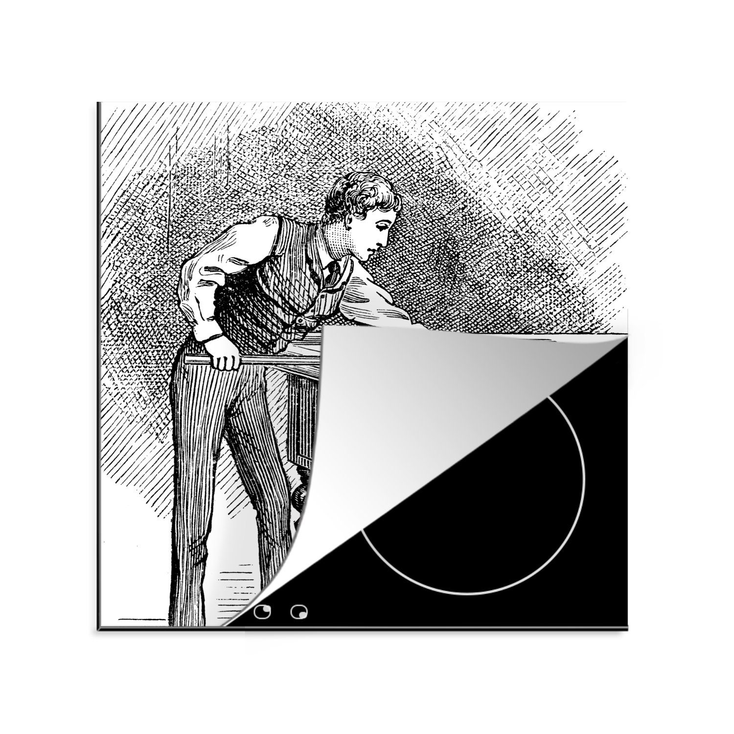 küche Ceranfeldabdeckung, Billard Illustration Arbeitsplatte (1 Eine MuchoWow cm, spielenden für historische eines Herdblende-/Abdeckplatte Mannes, 78x78 Vinyl, tlg),