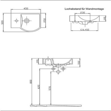 Alpenberger Waschbecken »Alpenberger Waschbecken 45 cm mit Überlauf Keramik« (Handwaschbecken, 1-St., 1-tlg), reinigungsfreundlich