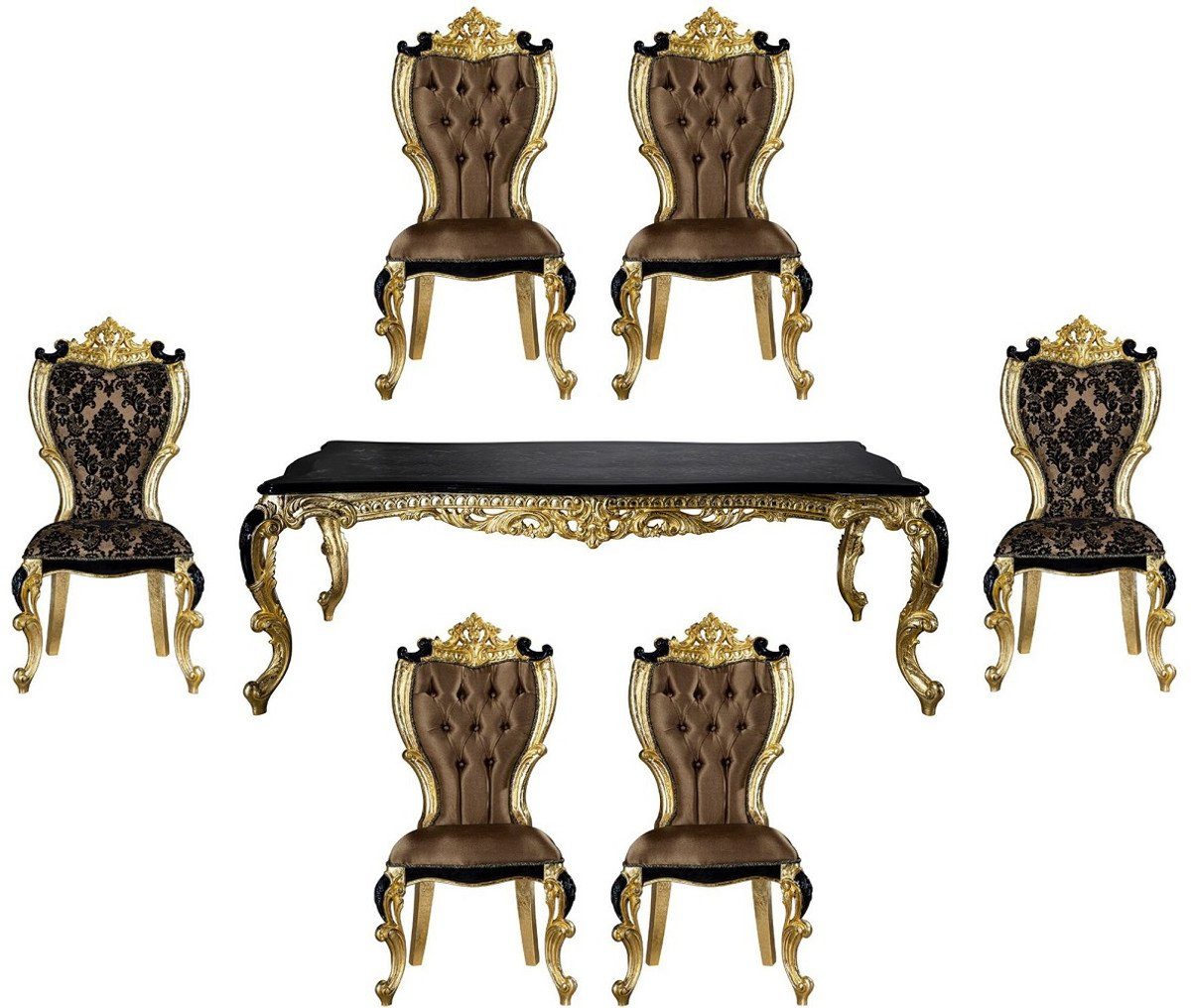 Casa Padrino Esszimmer-Set Luxus Barock Esszimmer Set Braun / Schwarz / Gold - 1 Esstisch & 6 Esszimmerstühle - Prunkvolle Esszimmer Möbel im Barockstil