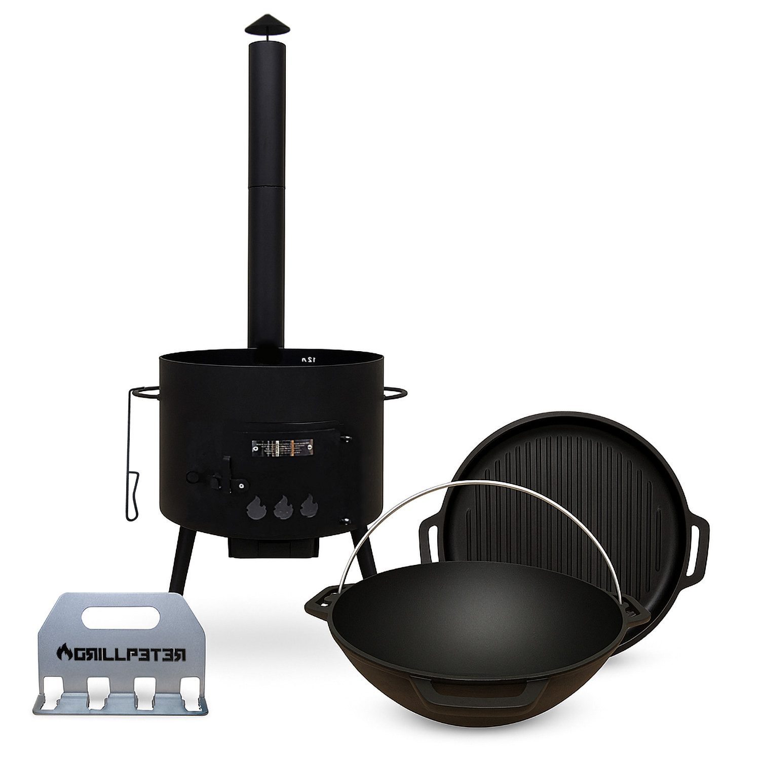 Olymp Handels GmbH Holzkohlegrill Utschak Ø40cm Kasan 12L Grilldeckel Gusseisen Vierfachbieröffner