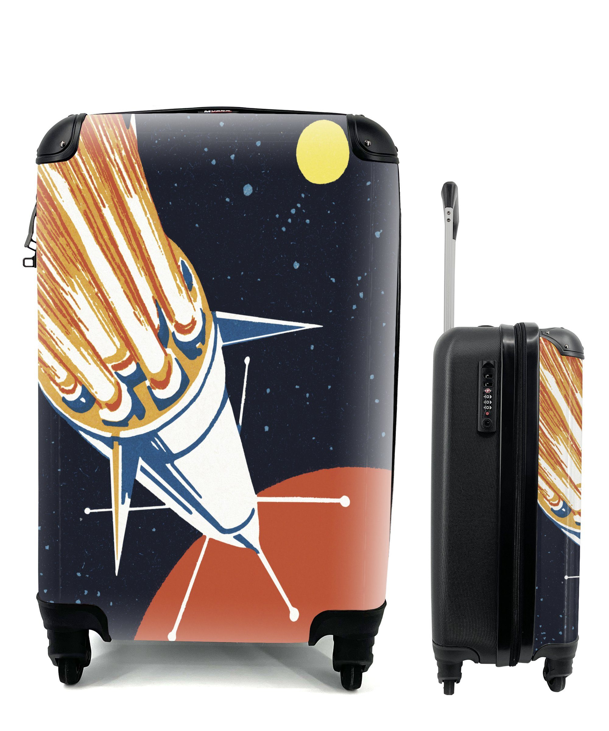 MuchoWow Handgepäckkoffer Rakete - Sterne - Planet, 4 Rollen, Reisetasche mit rollen, Handgepäck für Ferien, Trolley, Reisekoffer