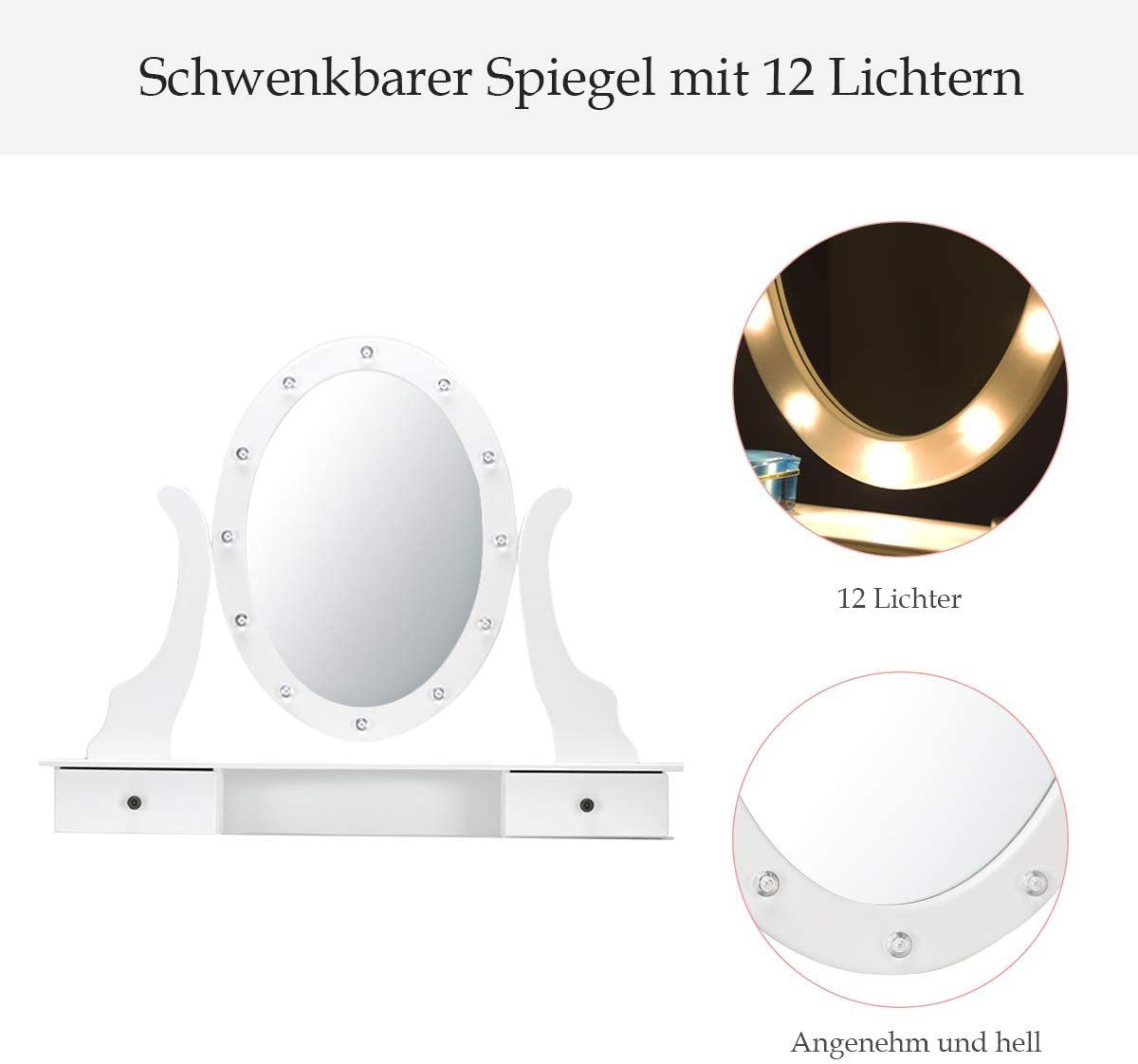 COSTWAY Schminktisch (mit drehbarem LED, Weiß 4 10 Schubladen Spiegel & Hocker)