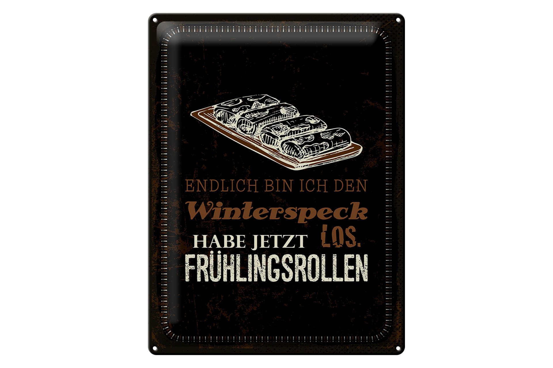 Metallschild Spruch 30x40 cm Winterspeck los jetzt Frühlingsrollen