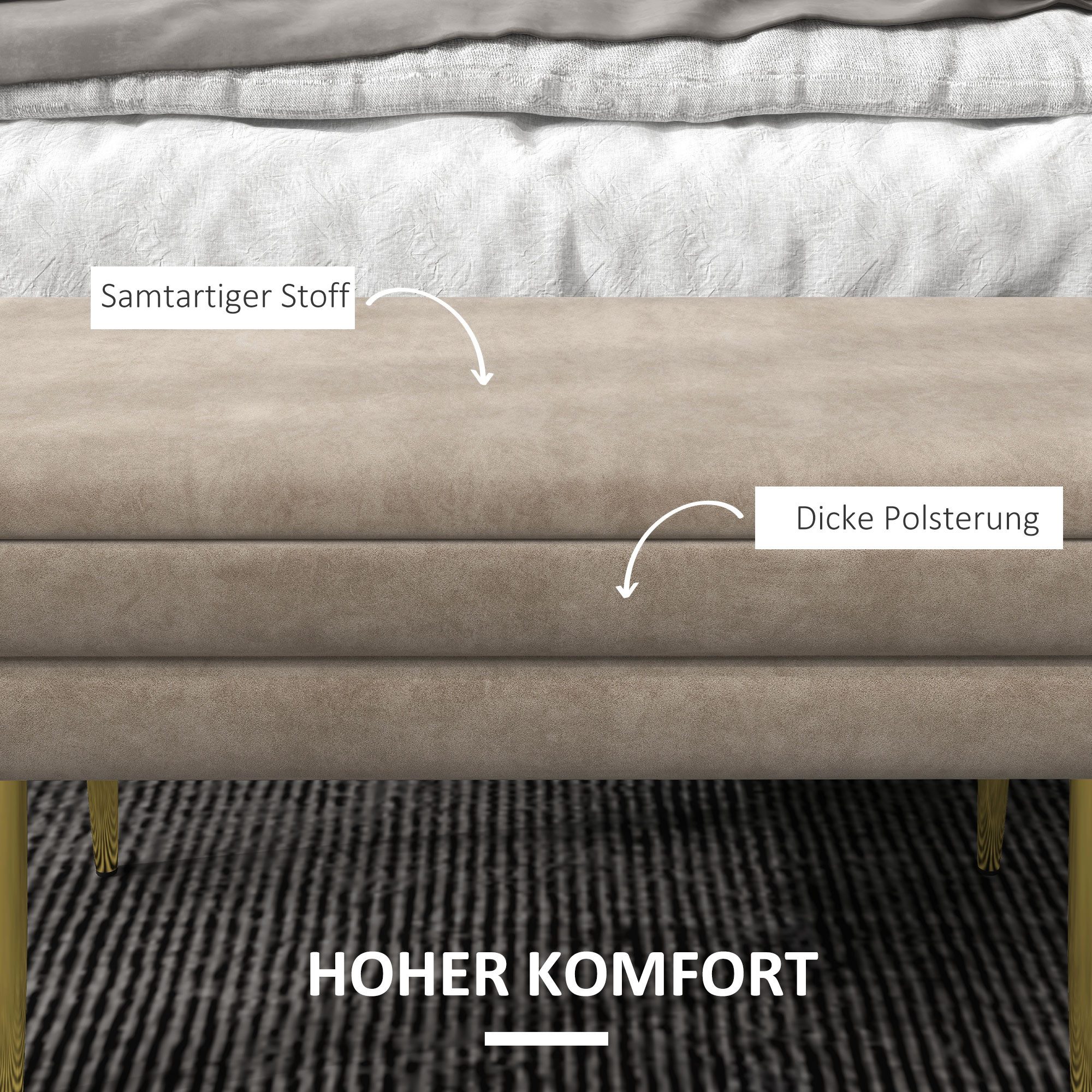HOMCOM Sitzbank mit Samtoptik (Bettbank mit Stahlbeine, 1-St., Polsterbank mit Stauraum), für Wohnzimmer, Schlafzimmer, Beige, 79,5 x 37,5 x 43 cm – Bild 4 von 5