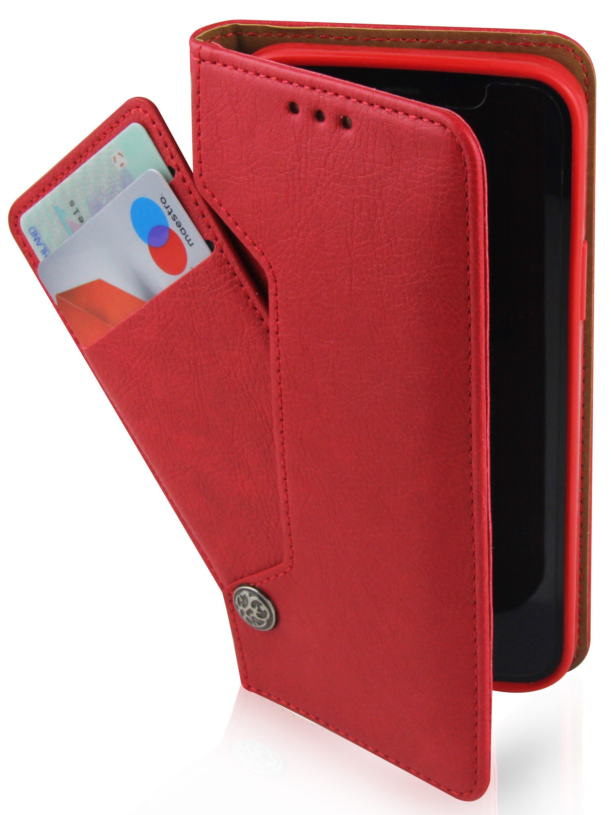 Frentree Handyhülle aus echtem Leder für iPhone 12, 13, 14, Magnetverschluss mit 4 Kartenfächern & 2 Sichtfenstern, Handy-Ständer