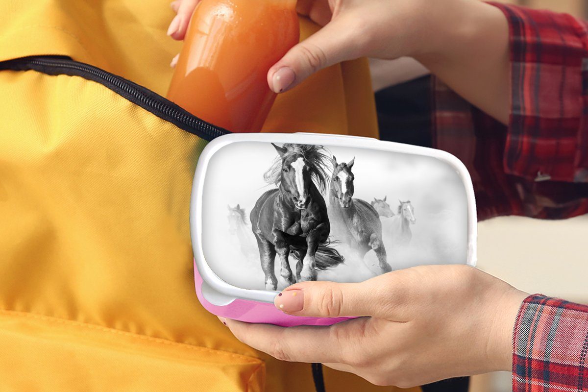 MuchoWow Lunchbox Pferde - Tiere Brotbox Erwachsene, (2-tlg), Kinder, rosa Brotdose für Kunststoff, Mädchen, Kunststoff - Snackbox, Illustration