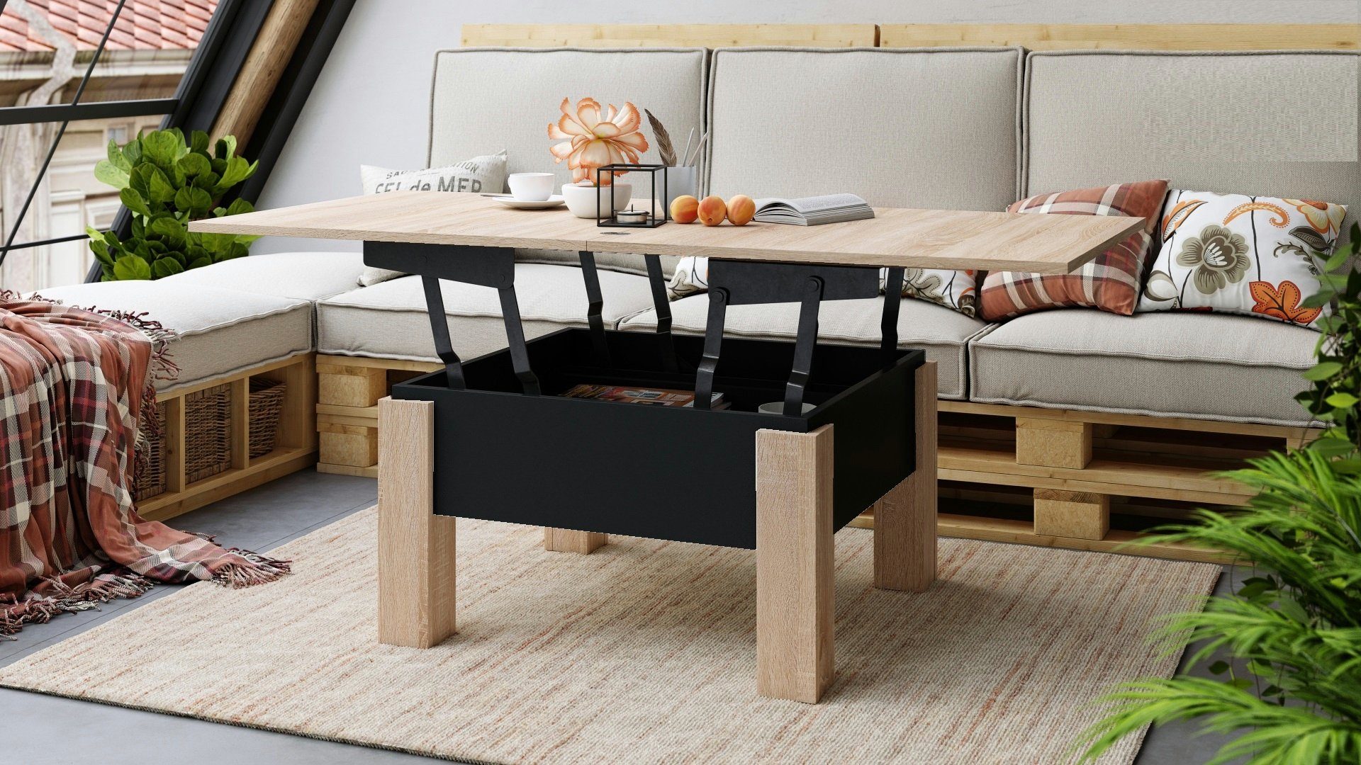 designimpex Couchtisch Design Schwarz Eiche matt Tisch aufklappbar Couchtisch / Esstisch höhenverstellbar Sonoma Oslo
