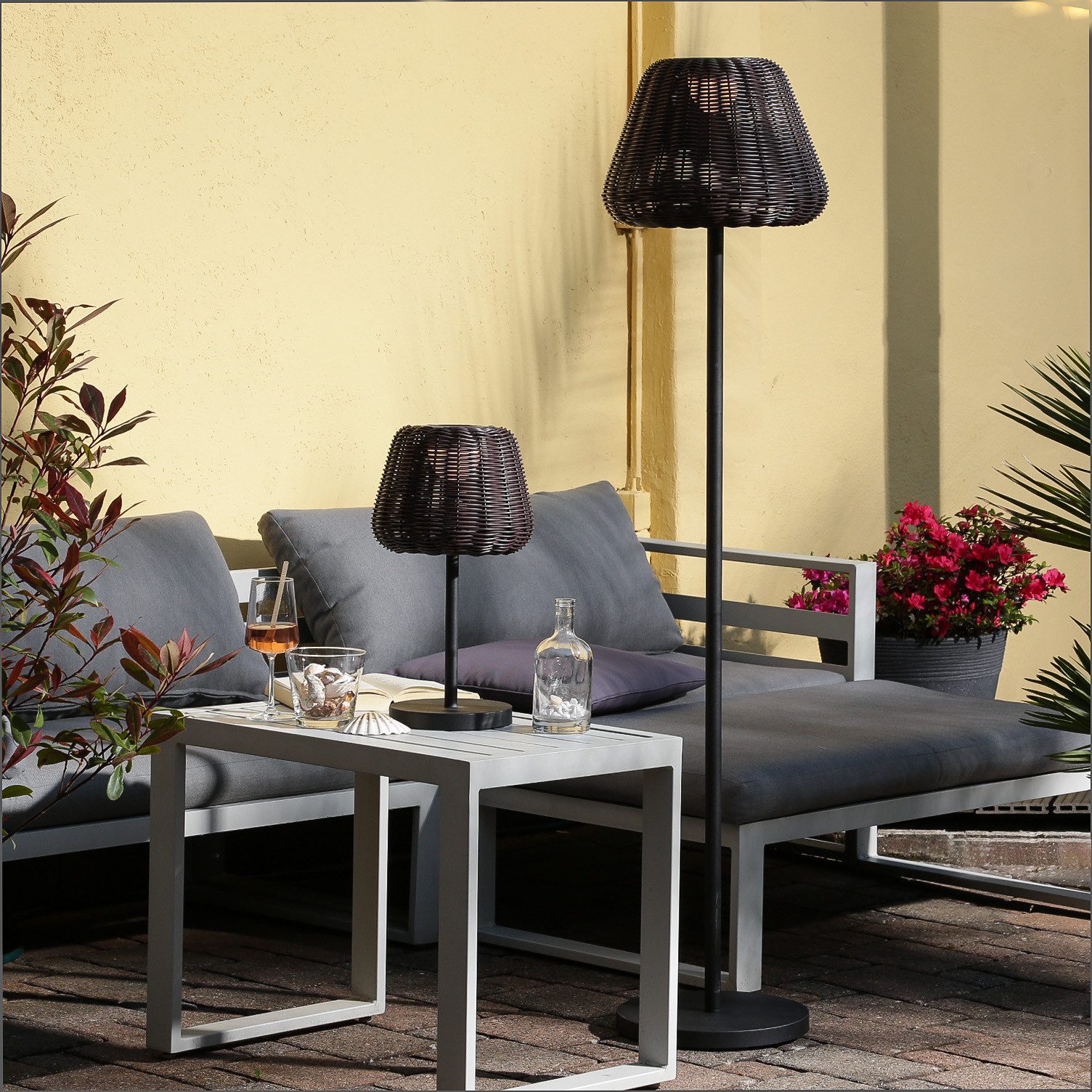 MARELIDA LED Außen-Stehlampe LED Garten Stehleuchte Korboptik Rattanoptik dimmbar aufladbar Fernb., LED Classic, warmweiß (2100K bis 3000K)