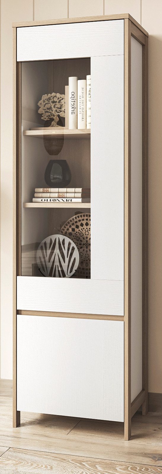 Inn.Furn Vitrine Finnes (Großer Vitrinenschrank in Eiche Weiß mit Eiche Natur, 58 x 195 cm) mit Soft-Close-Funktion