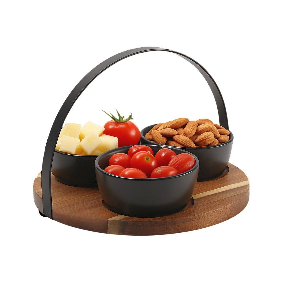 Cheffinger Servierschale Servierset Snackschalen Dipschalen Servierschalen mit Tablett, Material: Keramik, Holz, Metall