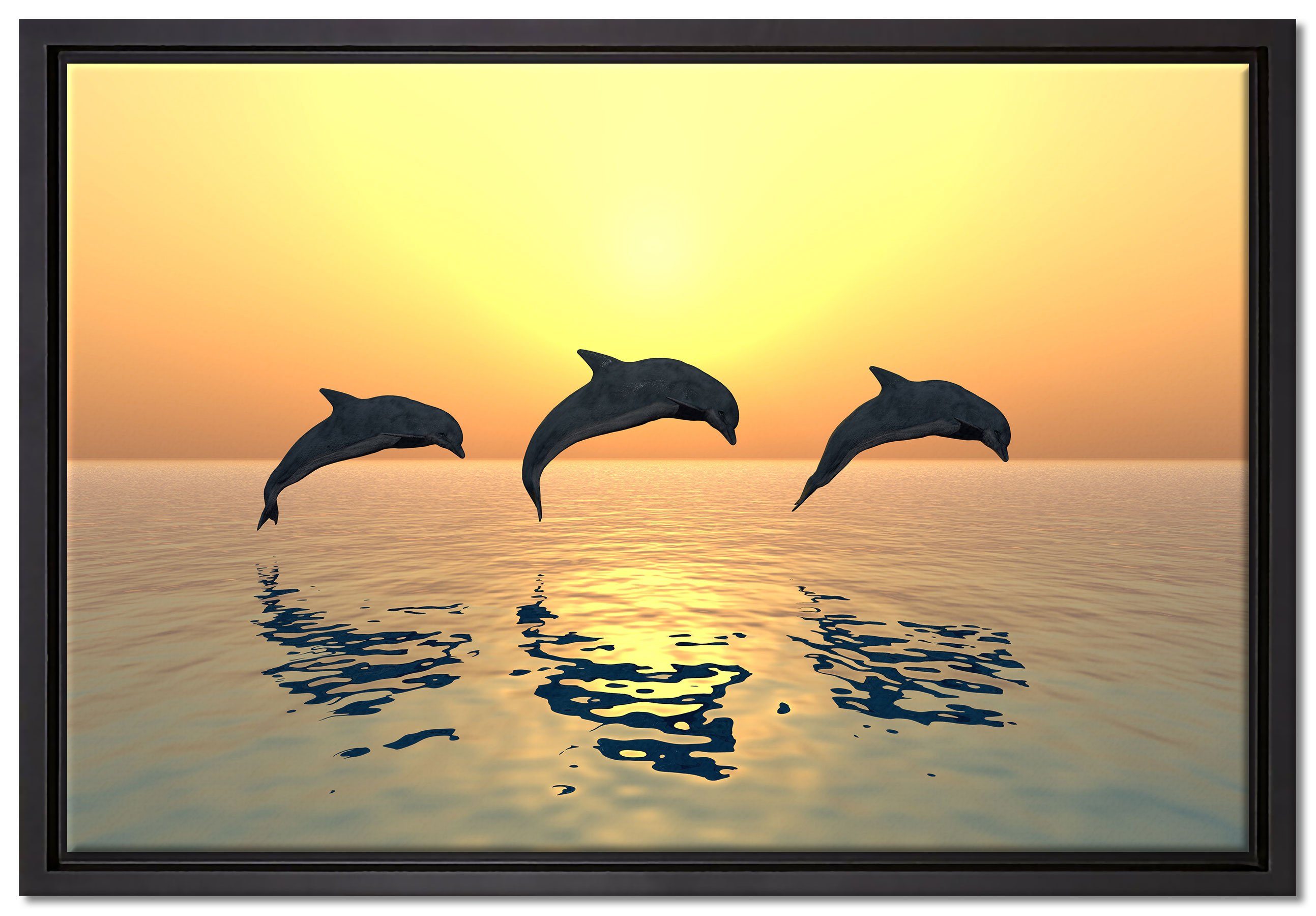 Pixxprint Leinwandbild Delfine im Sonnenuntergang, Wanddekoration (1 St), Leinwandbild fertig bespannt, in einem Schattenfugen-Bilderrahmen gefasst, inkl. Zackenaufhänger