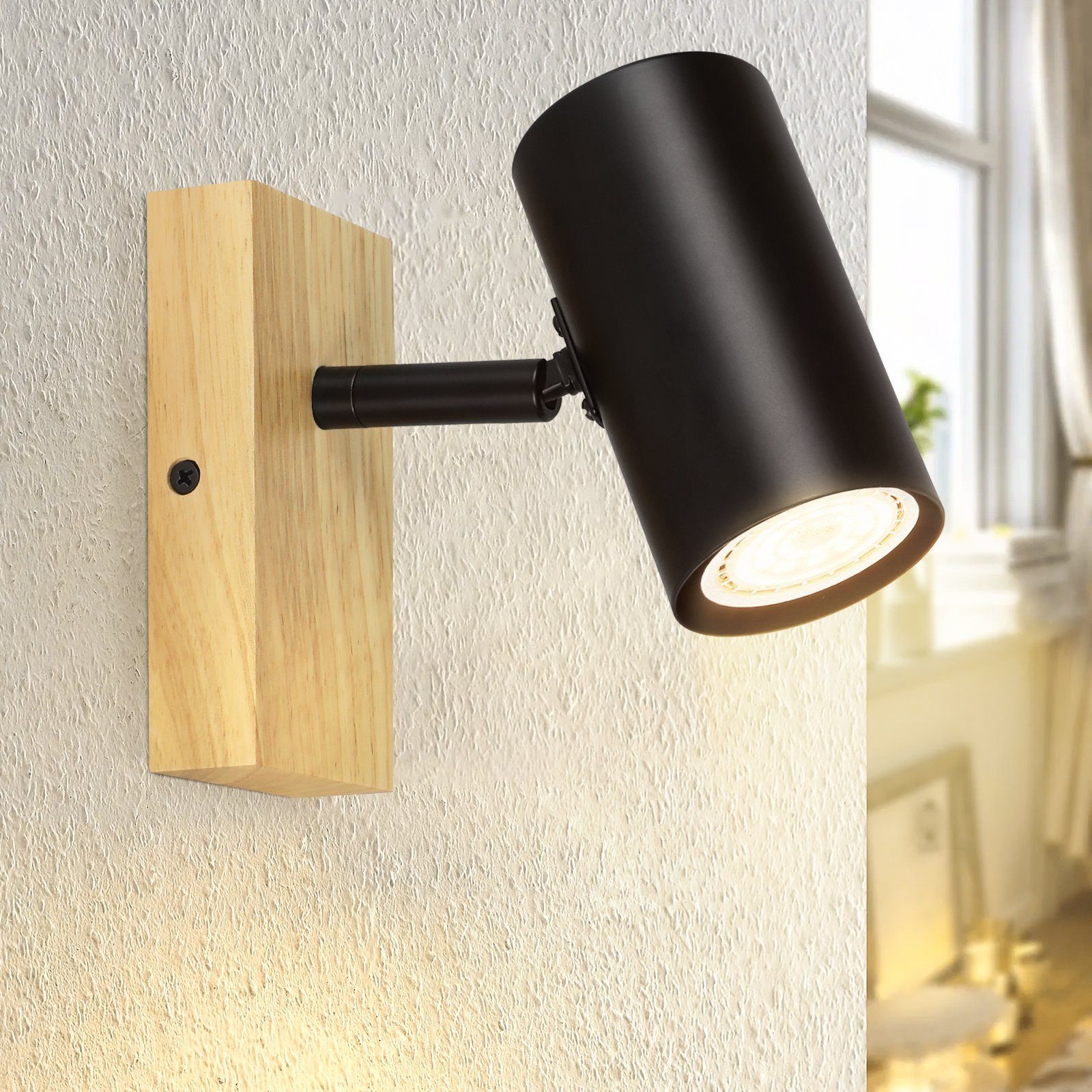 Nettlife Wandstrahler Innen Schwarz Holz Metall Modern GU10 Flurlampe Deckenspots, Schwenkbar 350°, LED wechselbar, für Wohnzimmer Schlafzimmer Küche Treppe Esszimmer