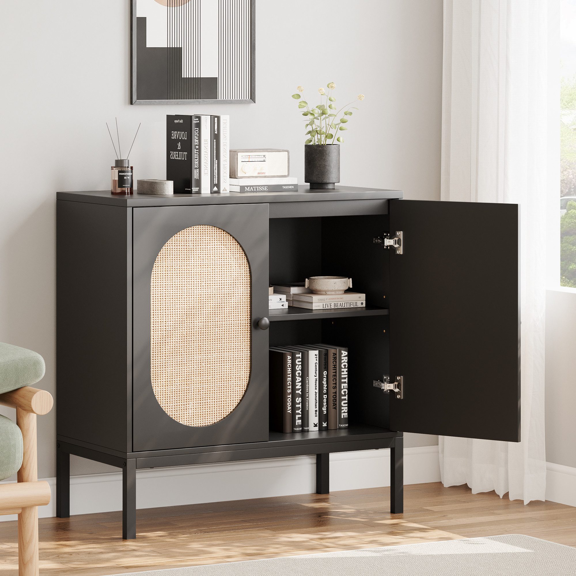 GarveeMore Sideboard Küchenschrank,mit 2 Türen aus Rattan, Kommode,mit Einl günstig online kaufen