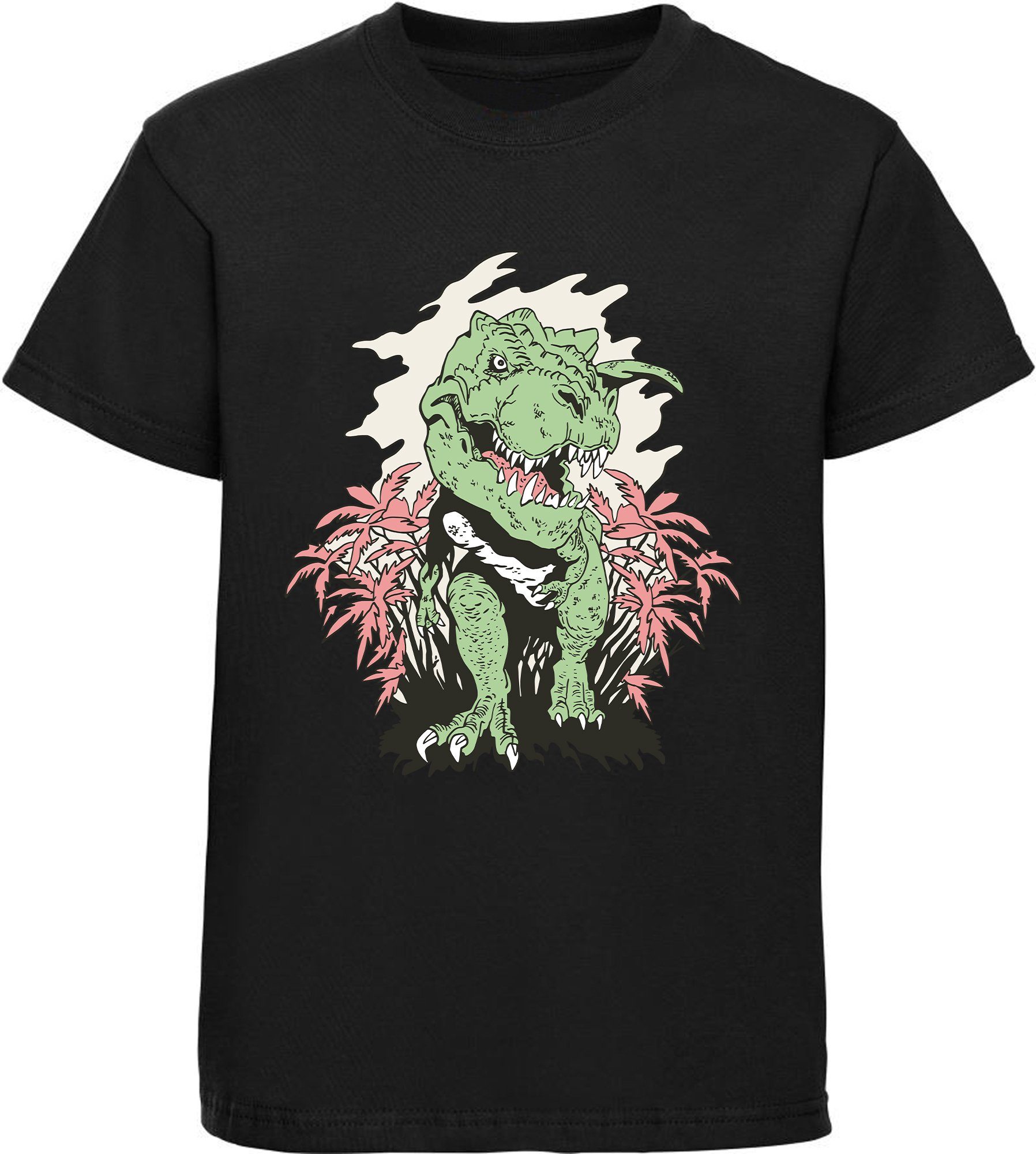 MyDesign24 Print-Shirt bedrucktes Kinder T-Shirt T-Rex der aus einem Busch kommt 100% Baumwolle mit Dino Aufdruck, schwarz, weiß, rot, blau, i101