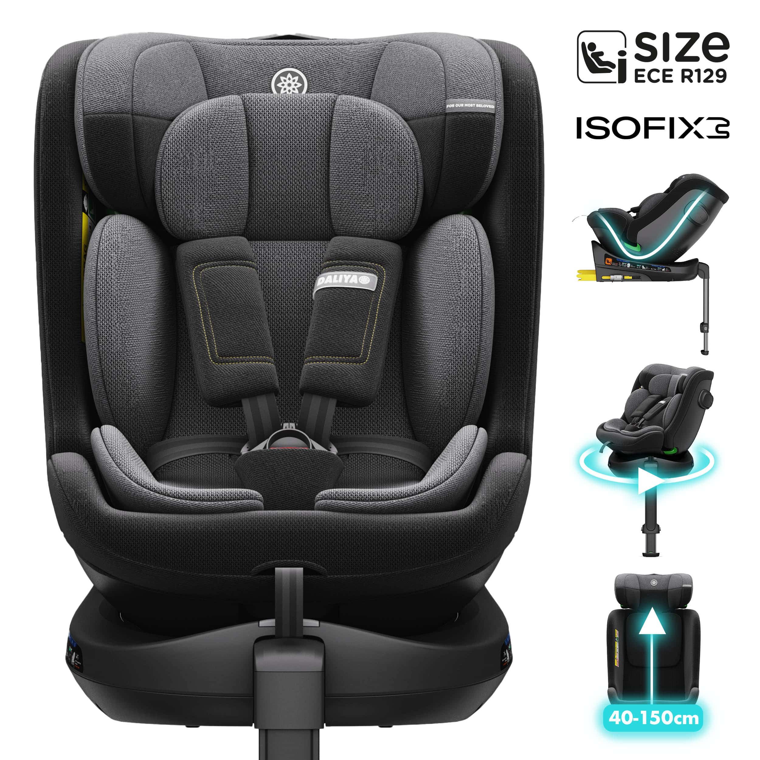 Daliya® Autokindersitz BRAVO i-Size Auto-Kindersitz, 360° drehbar, mitwachsend, atmungsaktiv, ab: ab Geburt, bis: bis 12 Jahre, ab: 40 cm, bis: 150 cm, (Neugeborenen-Set, 4-tlg), 8 Stufen Sitzneigung, verstellbare Kopfstütze, Stützbein, Belüftet