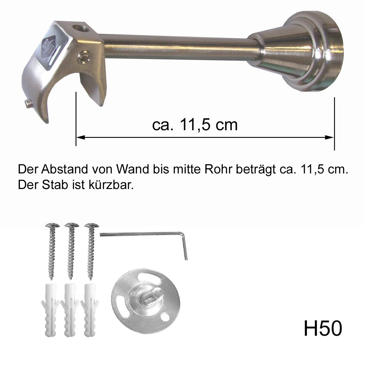 BASIT Gardinenstange Innenlauf Edelstahloptik 20mm mit Wandträgern 280 cm E34, Ø 20 mm, 1-läufig, verschraubt, Aluminium, H50I 280 cm E34 Zylinder
