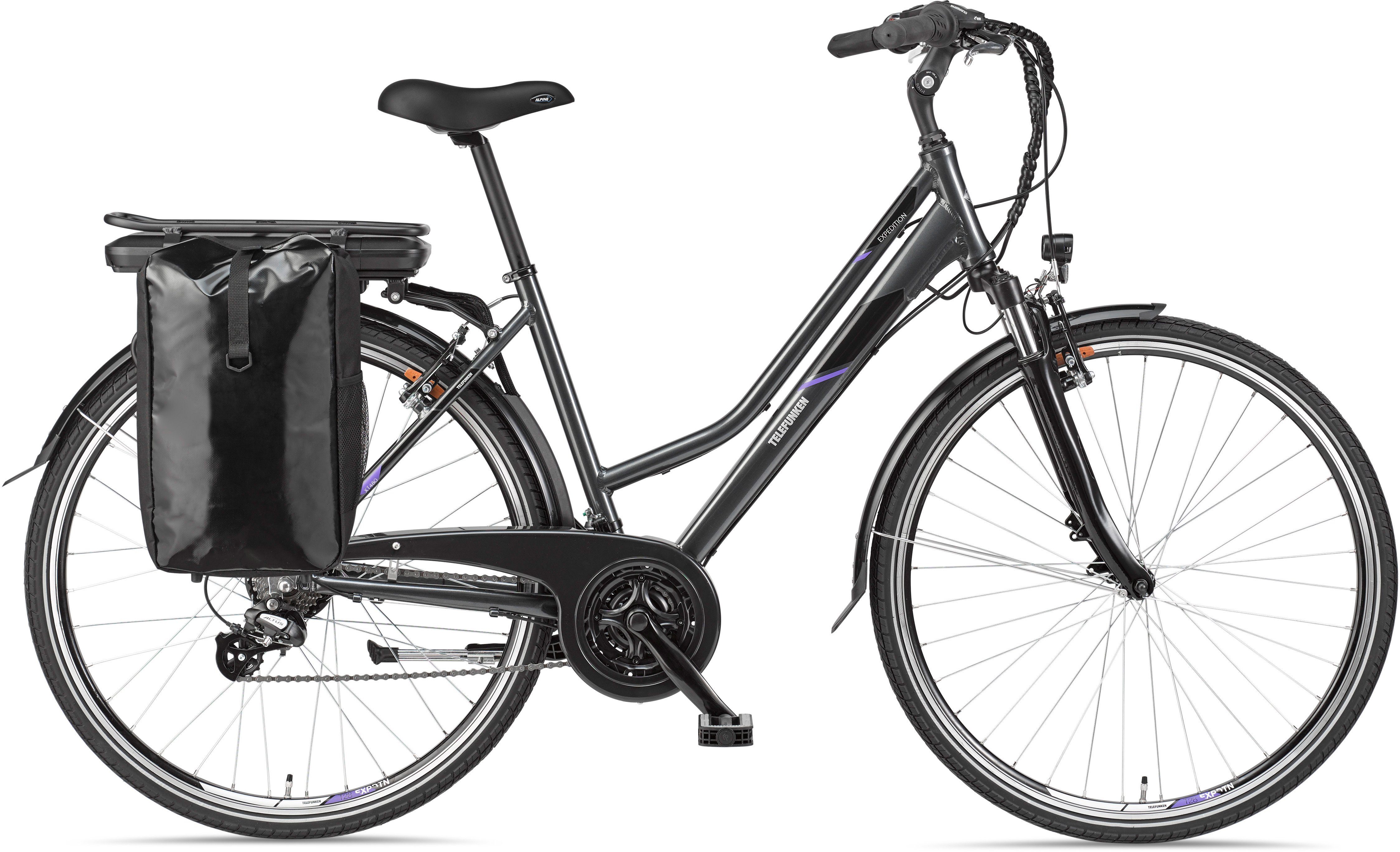 Telefunken E-Bike Expedition XT480, 21 Gang Shimano, Heckmotor, 374,4 Wh Akku, Pedelec, Elektrofahrrad für Damen, Trekkingrad, mit Fahrradtasche